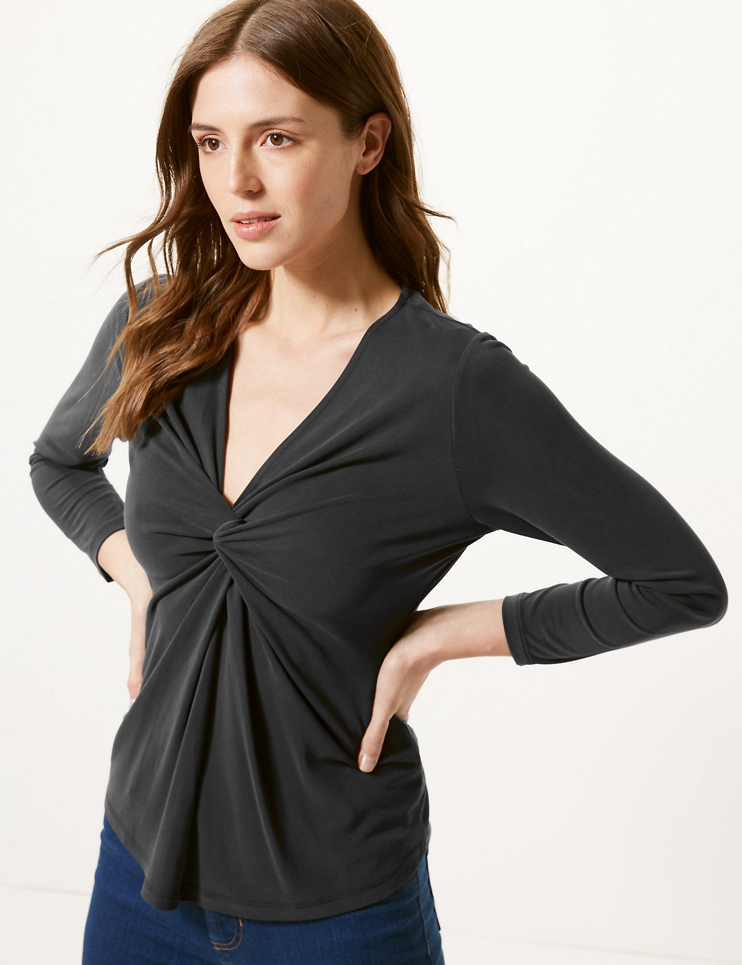 Twisted Front V-Neck Fitted Long Sleeve Top