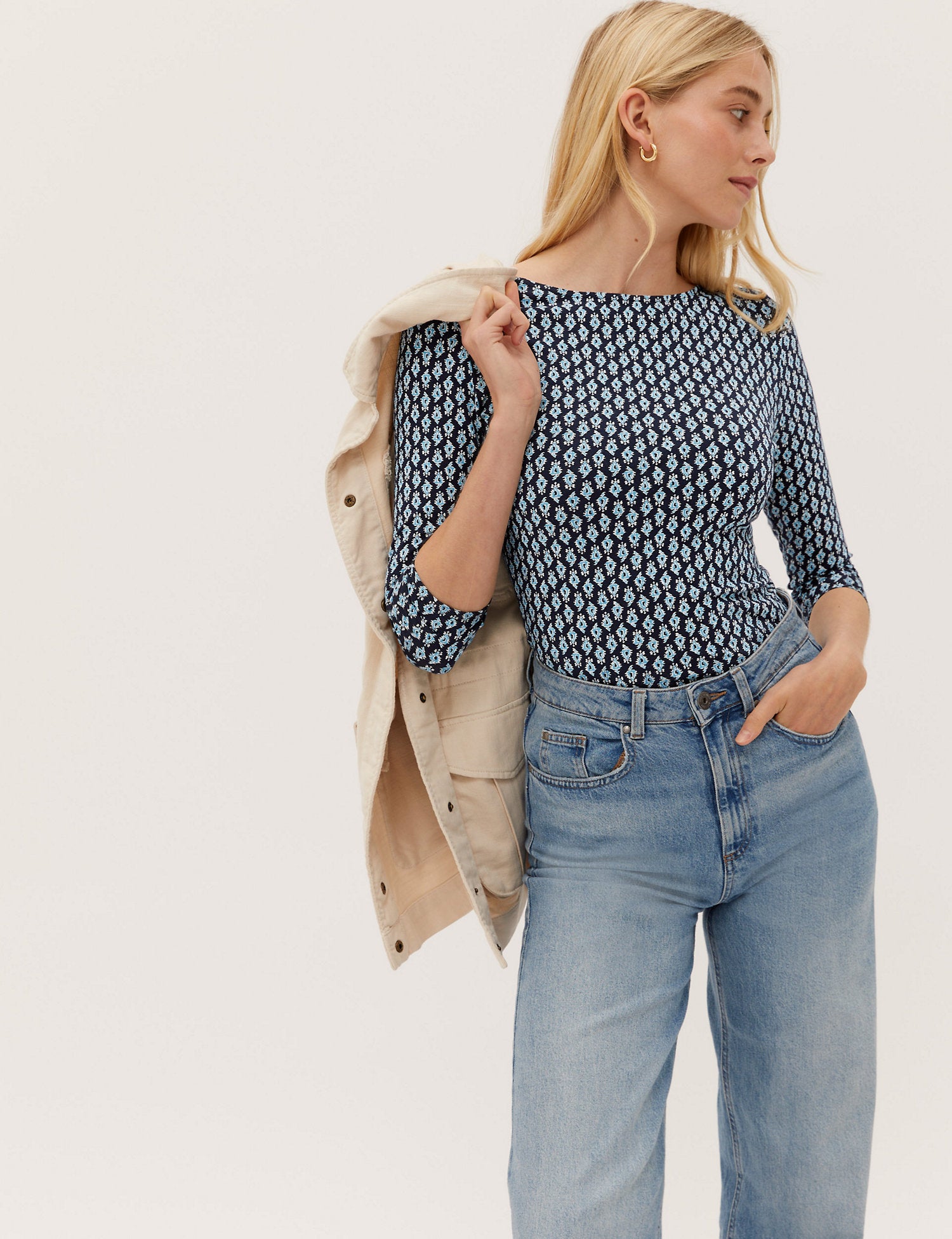 Cotton Rich Printed Slash Neck Top