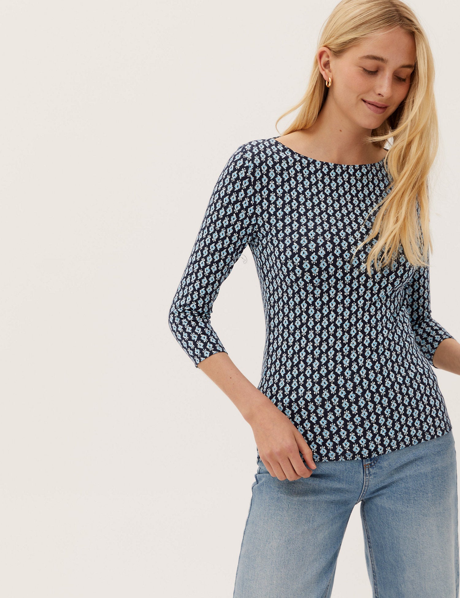 Cotton Rich Printed Slash Neck Top