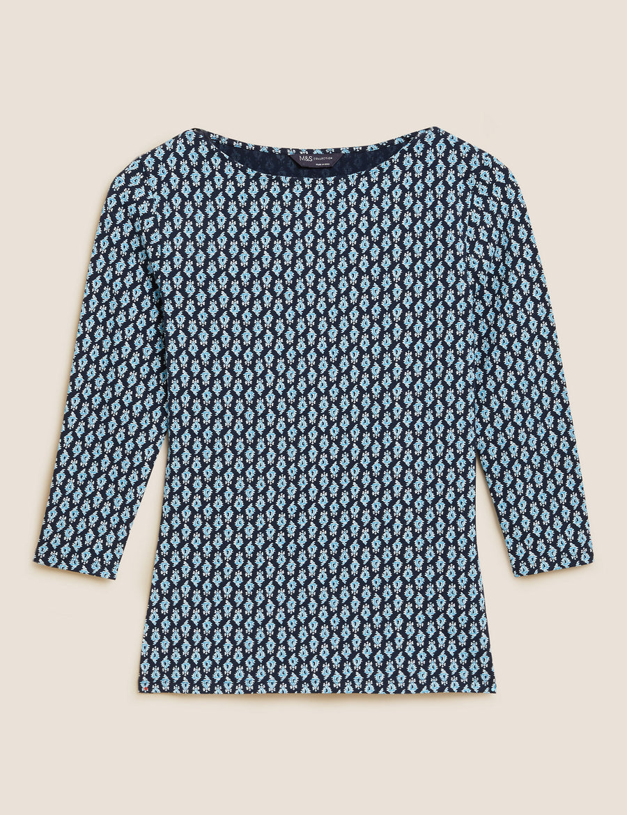Cotton Rich Printed Slash Neck Top