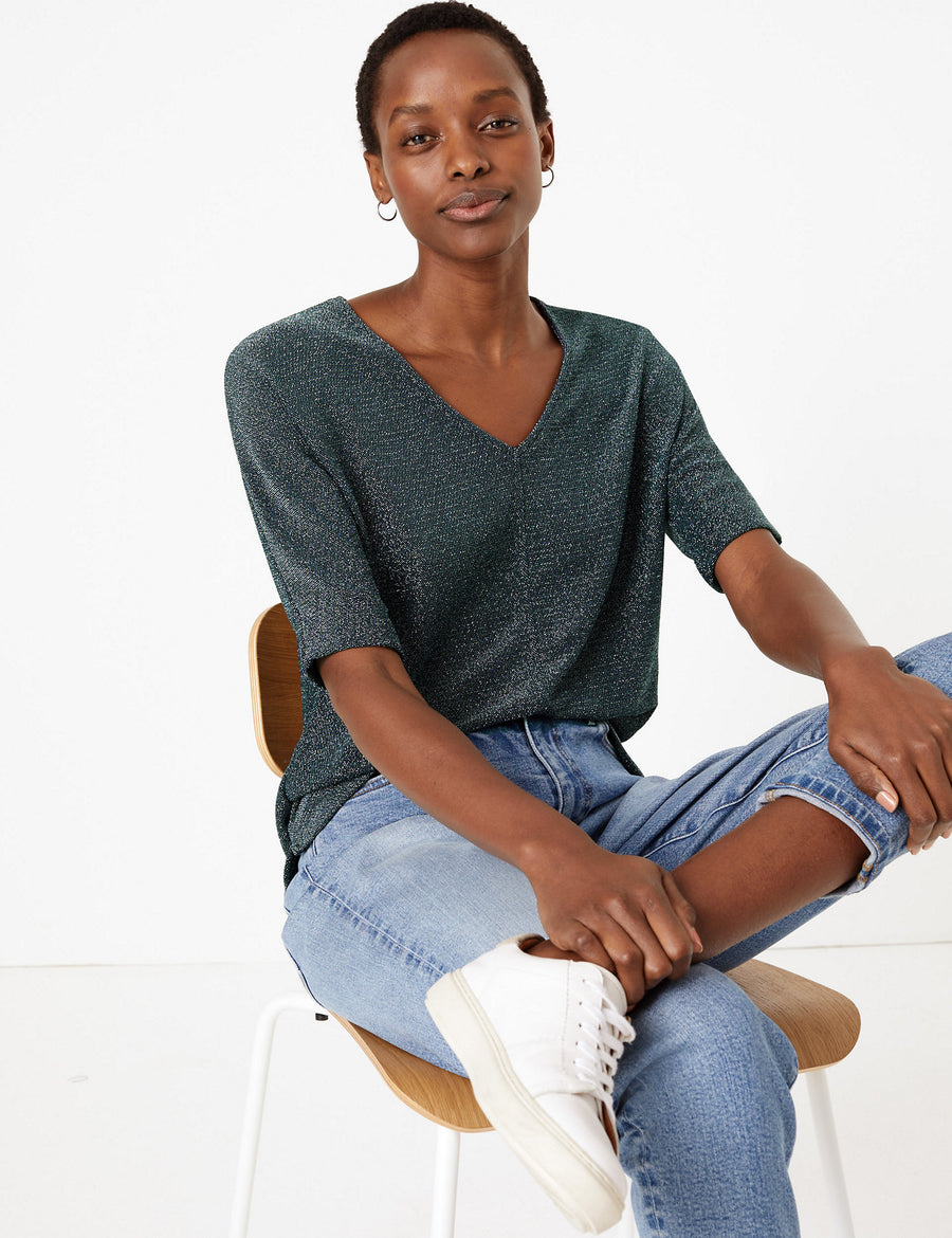 Metallic V-Neck Short Sleeve Top