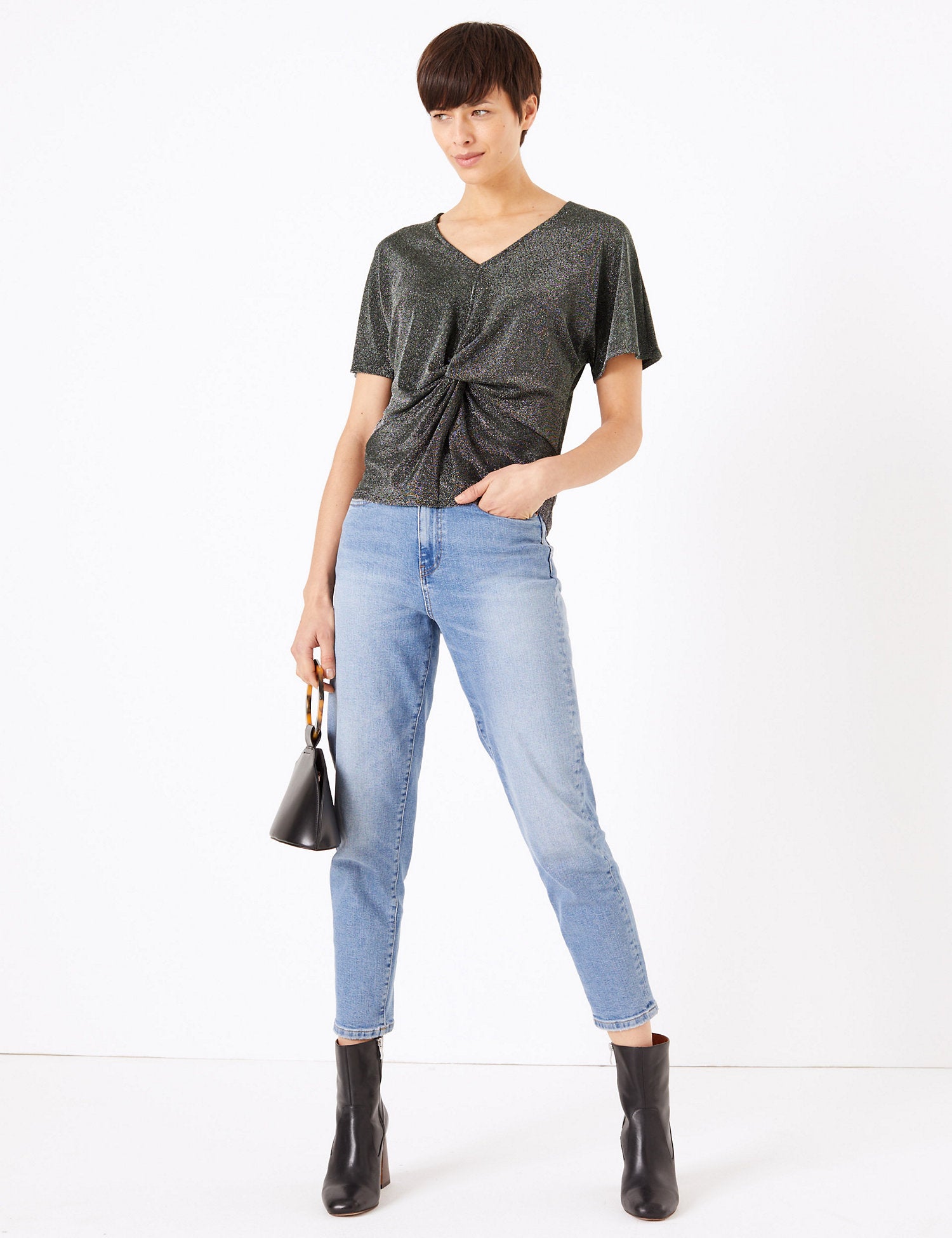 Metallic Twist Front V-Neck Short Sleeve Top
