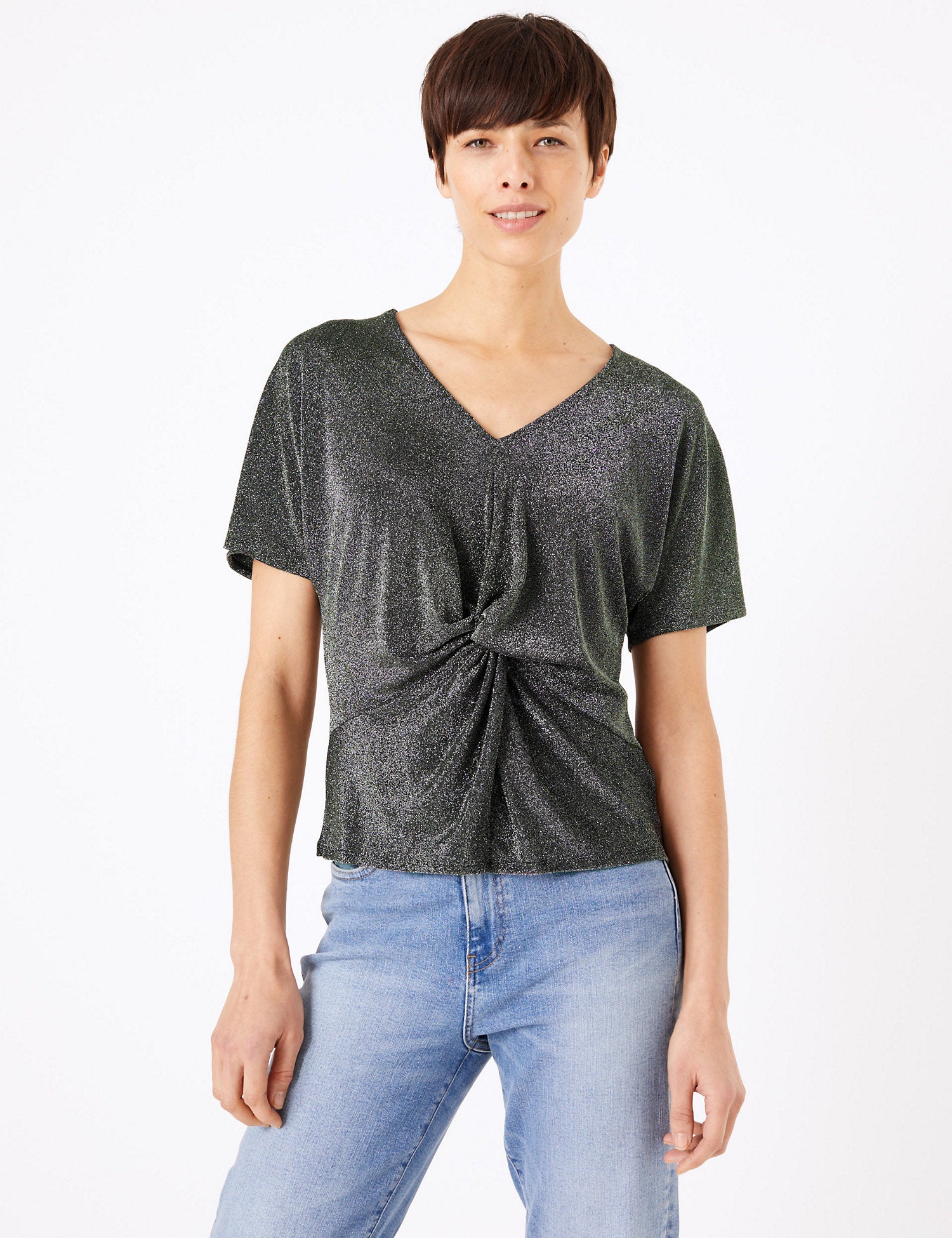 Metallic Twist Front V-Neck Short Sleeve Top