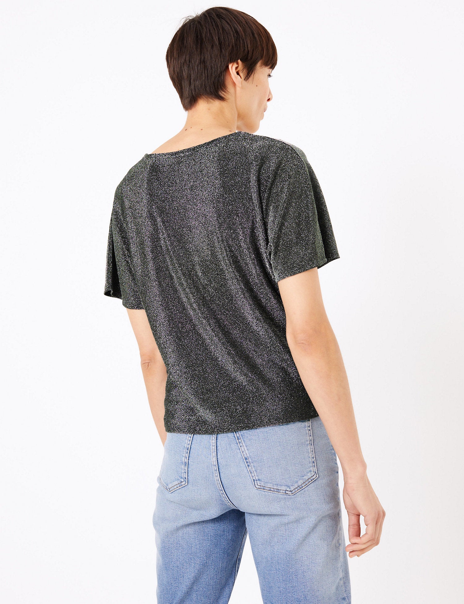 Metallic Twist Front V-Neck Short Sleeve Top