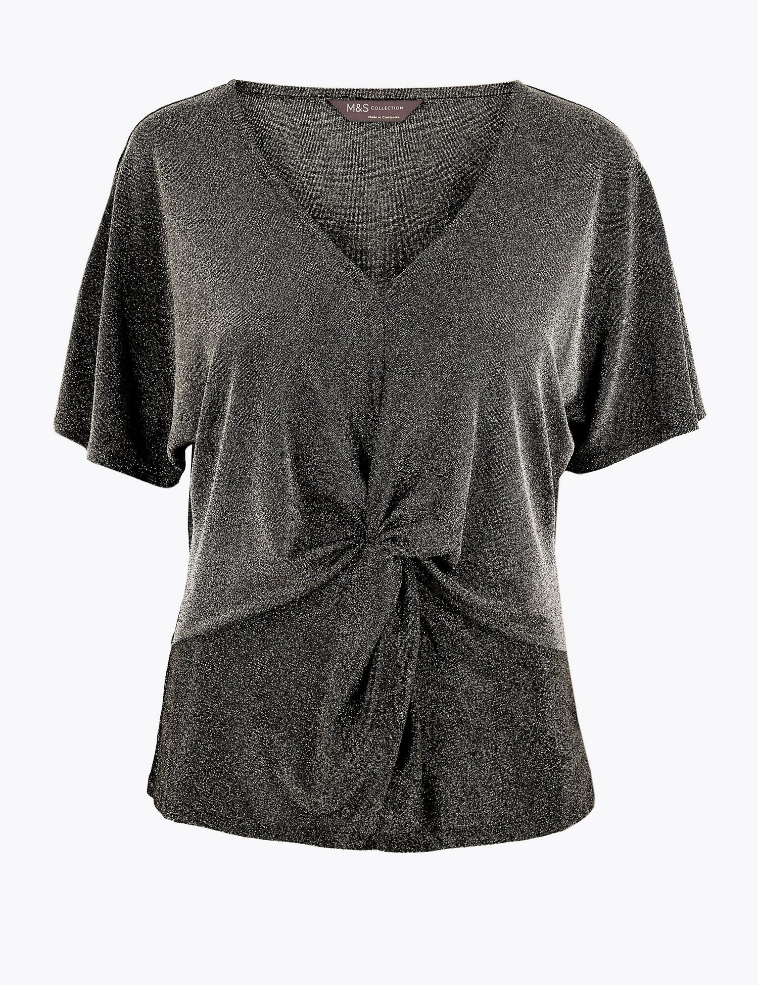 Metallic Twist Front V-Neck Short Sleeve Top