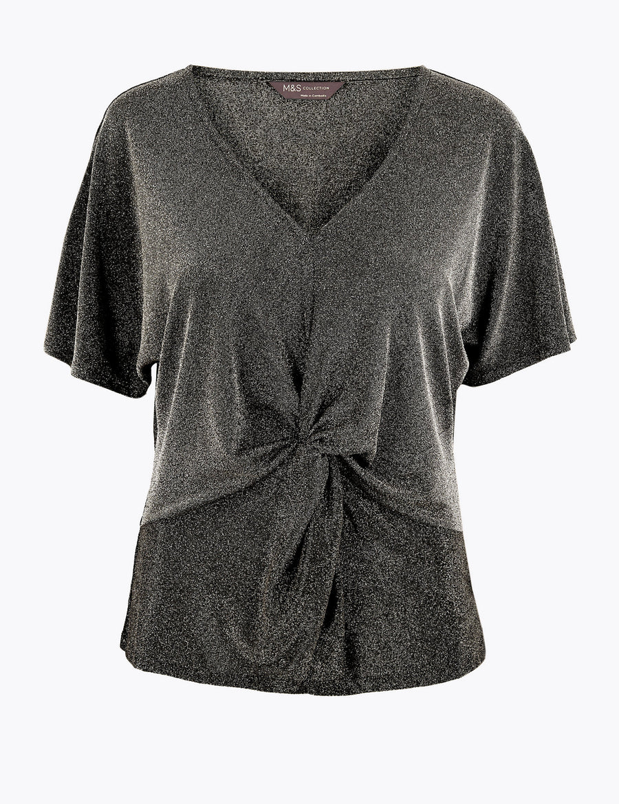 Metallic Twist Front V-Neck Short Sleeve Top