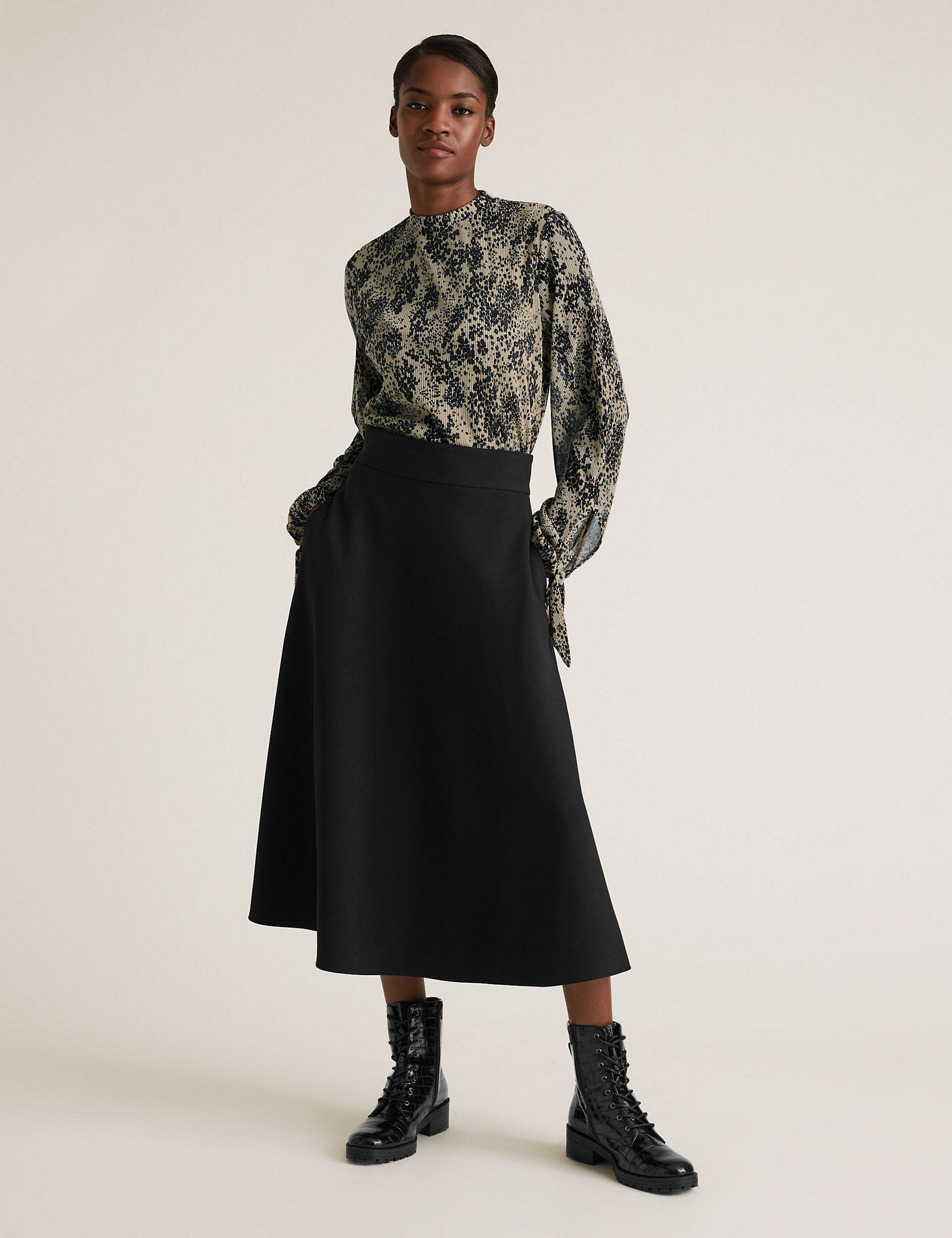 Printed Plisse Long Sleeve Top