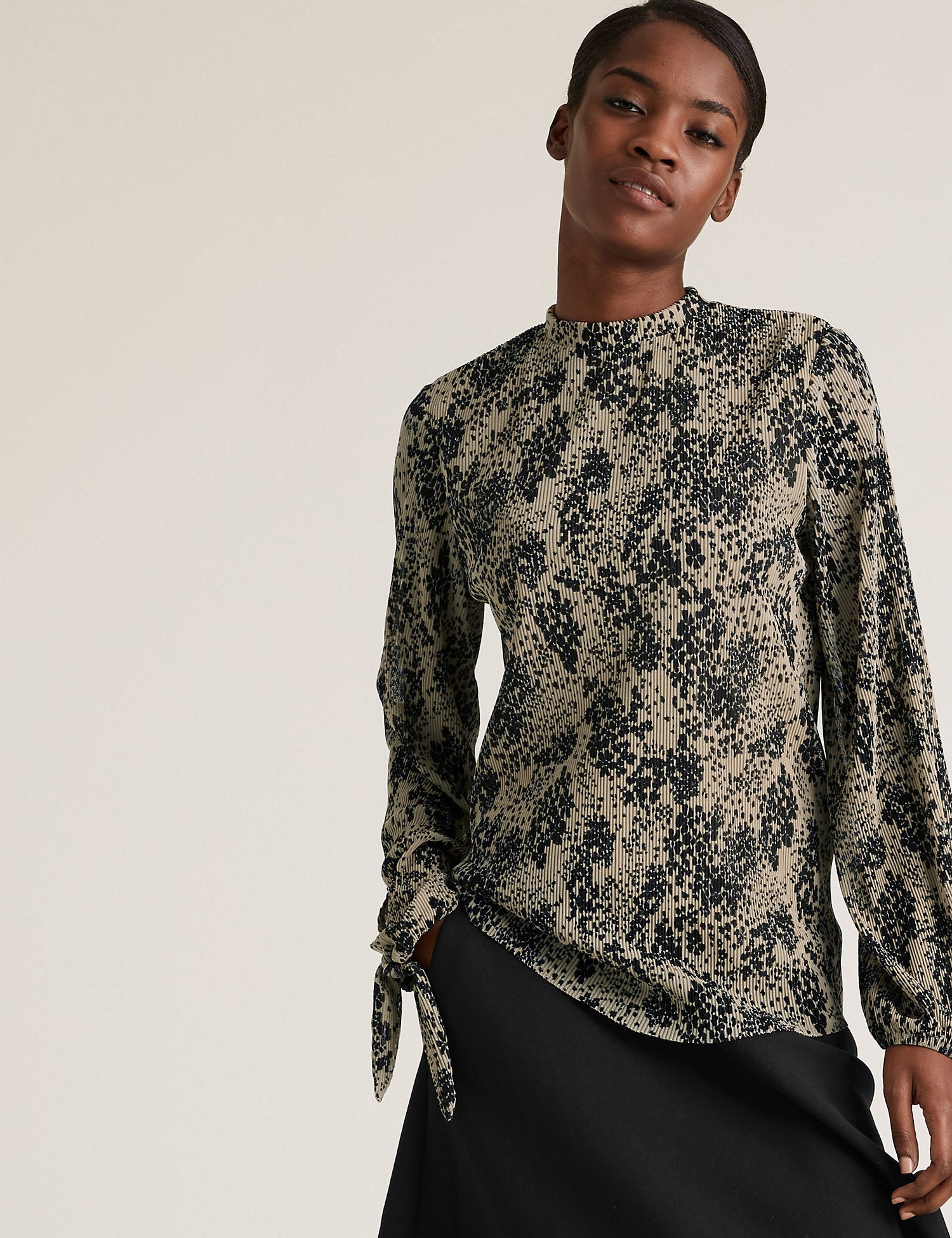 Printed Plisse Long Sleeve Top