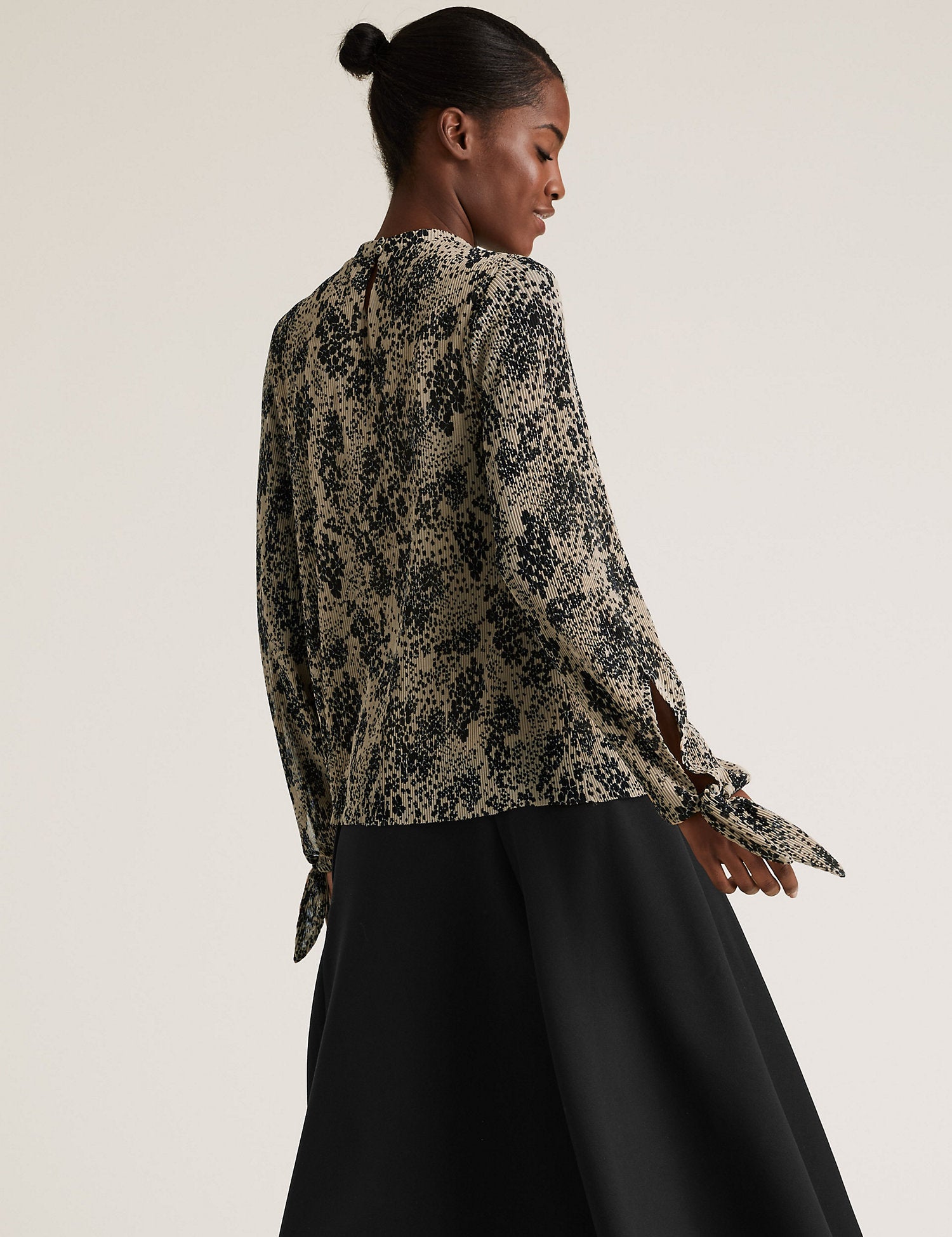 Printed Plisse Long Sleeve Top