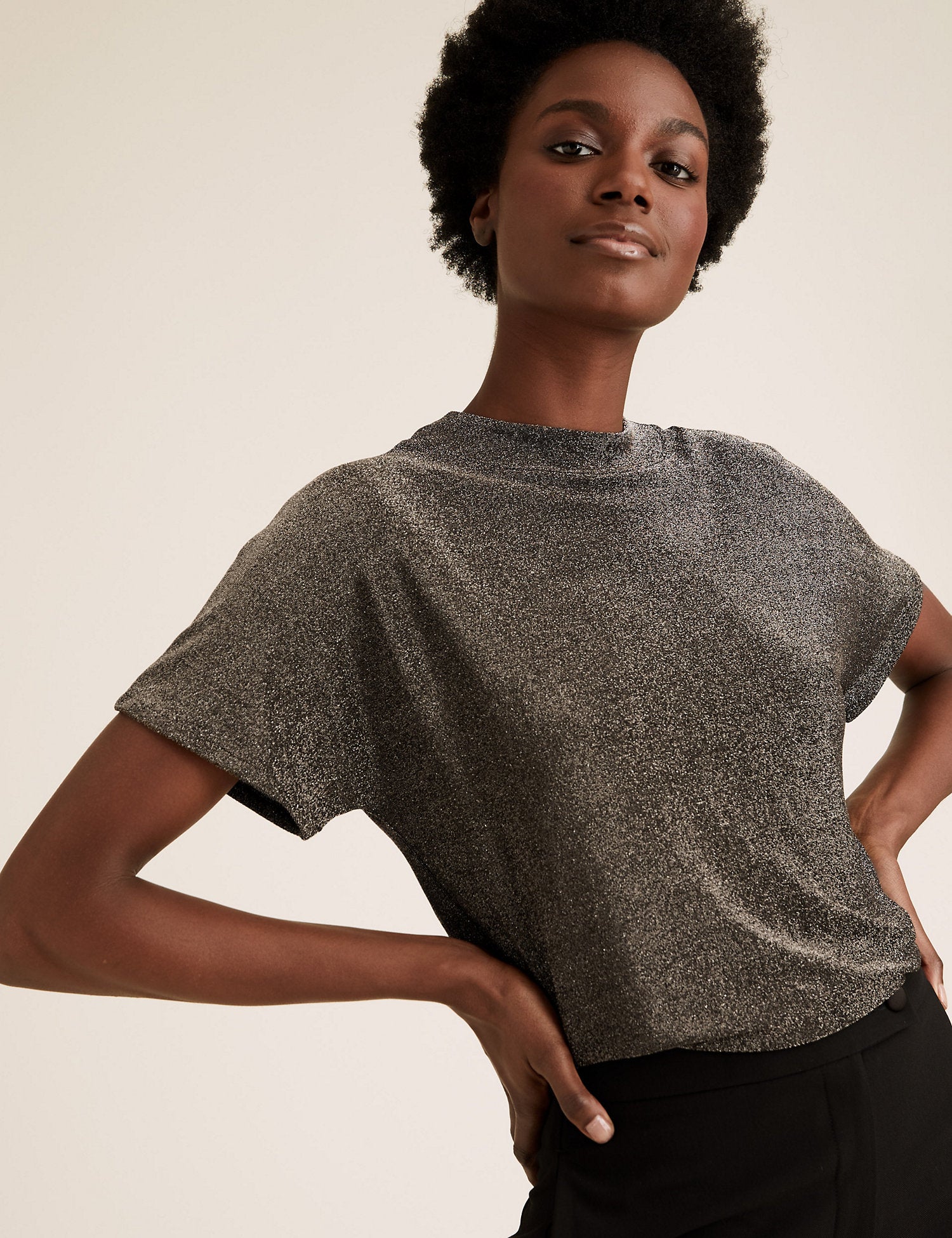 Shimmer High Neck Relaxed Short Sleeve Top