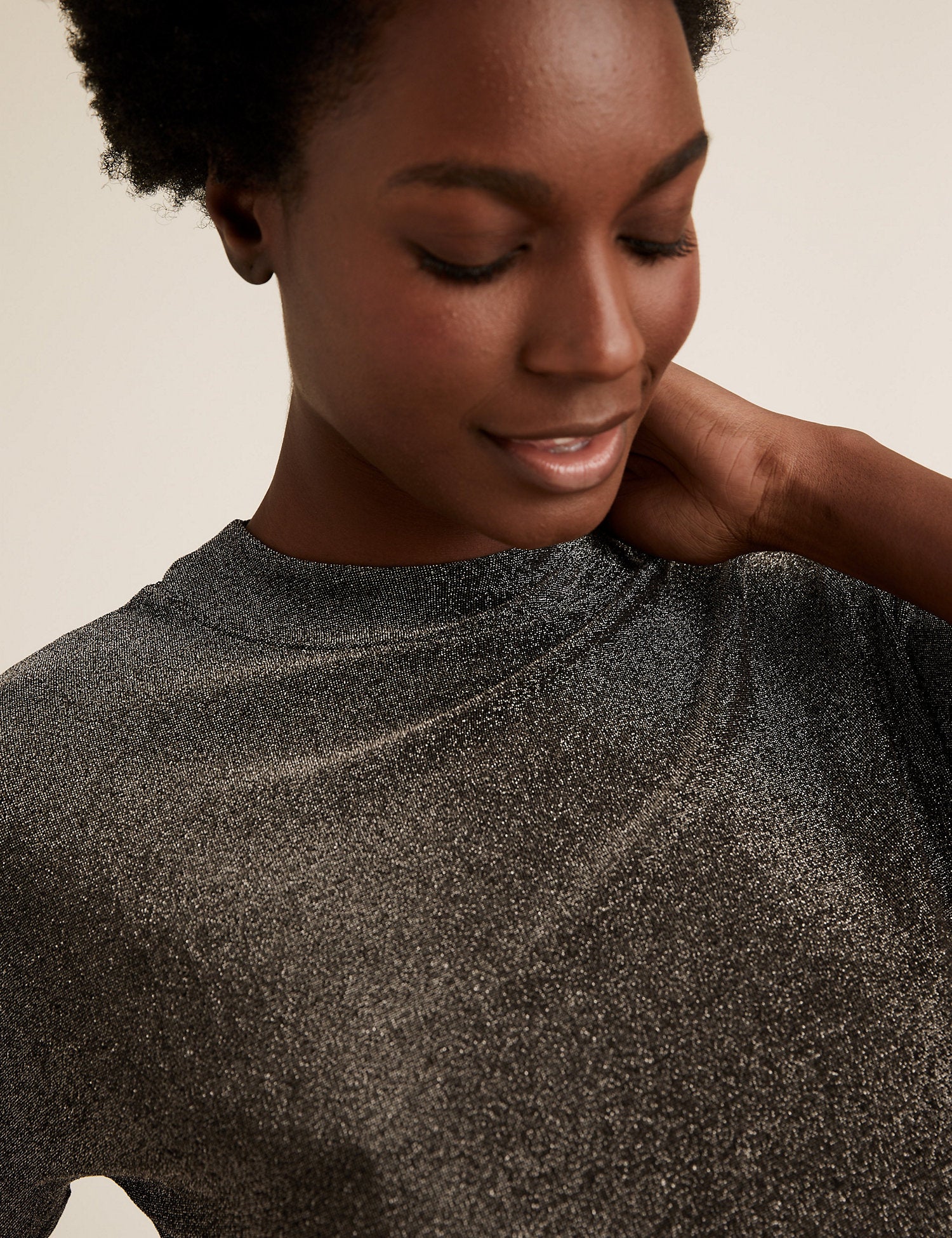 Shimmer High Neck Relaxed Short Sleeve Top