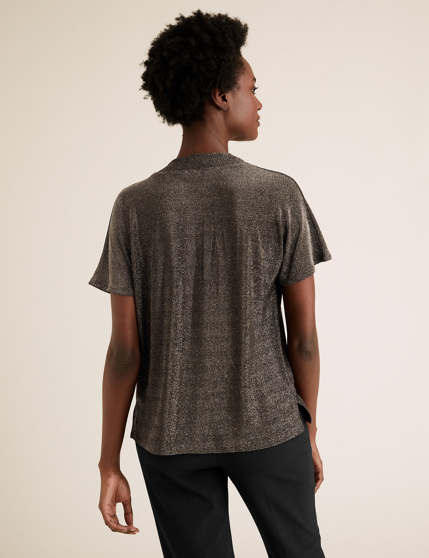 Shimmer High Neck Relaxed Short Sleeve Top
