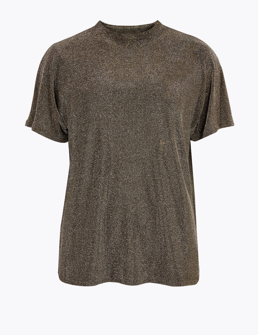 Shimmer High Neck Relaxed Short Sleeve Top