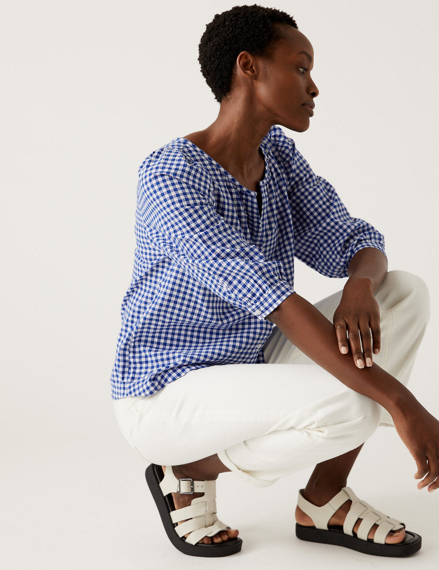 Pure Cotton Checked V-Neck Blouse