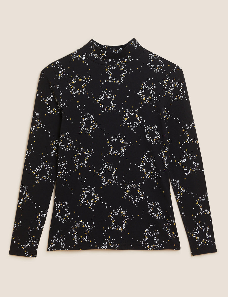 Cotton Printed Funnel Neck Fitted Top