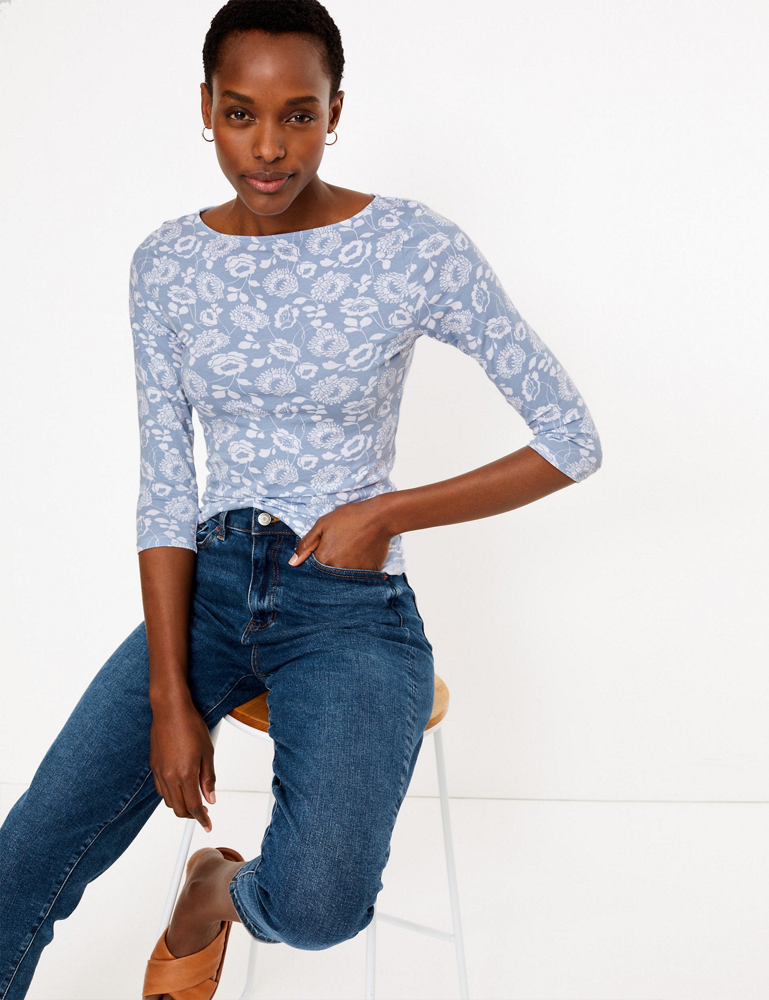 Cotton Floral Fitted 3/4 Sleeve Top