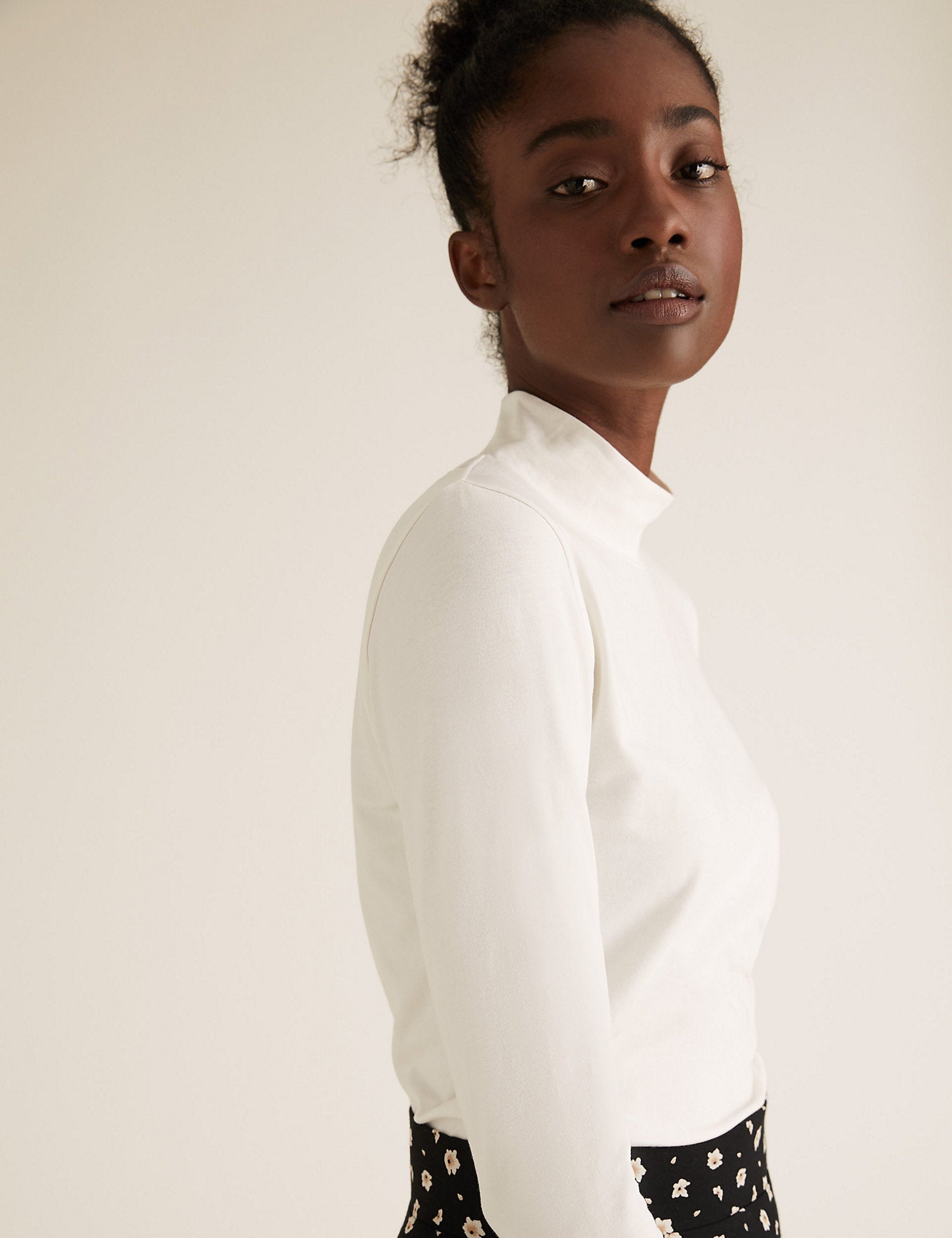 Cotton Funnel Neck Fitted Long Sleeve Top
