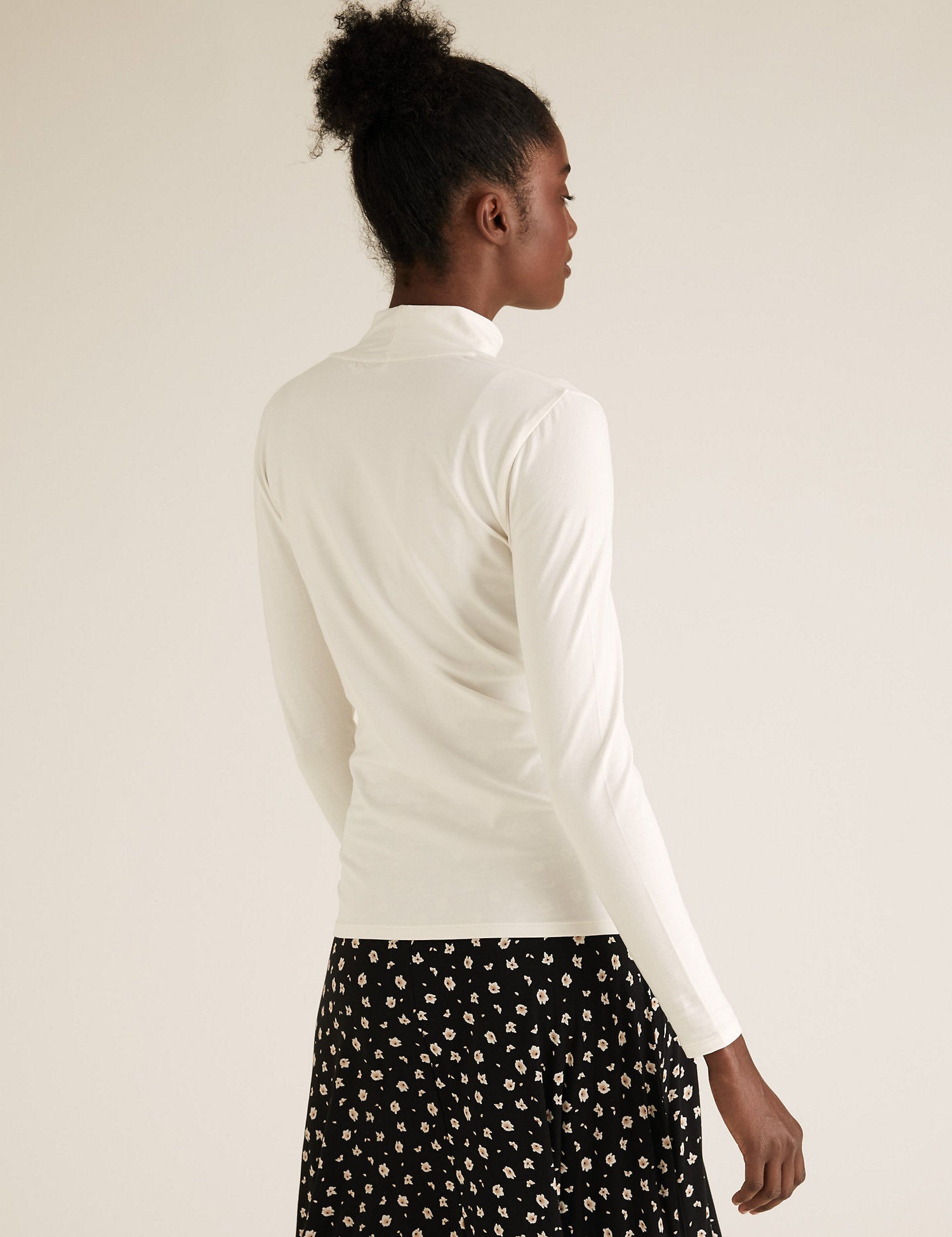 Cotton Funnel Neck Fitted Long Sleeve Top
