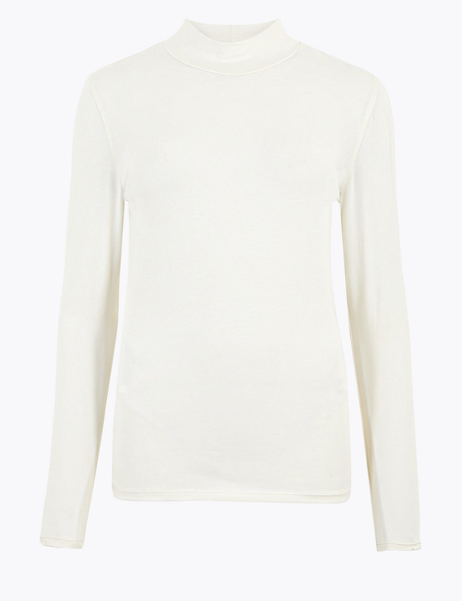 Cotton Funnel Neck Fitted Long Sleeve Top