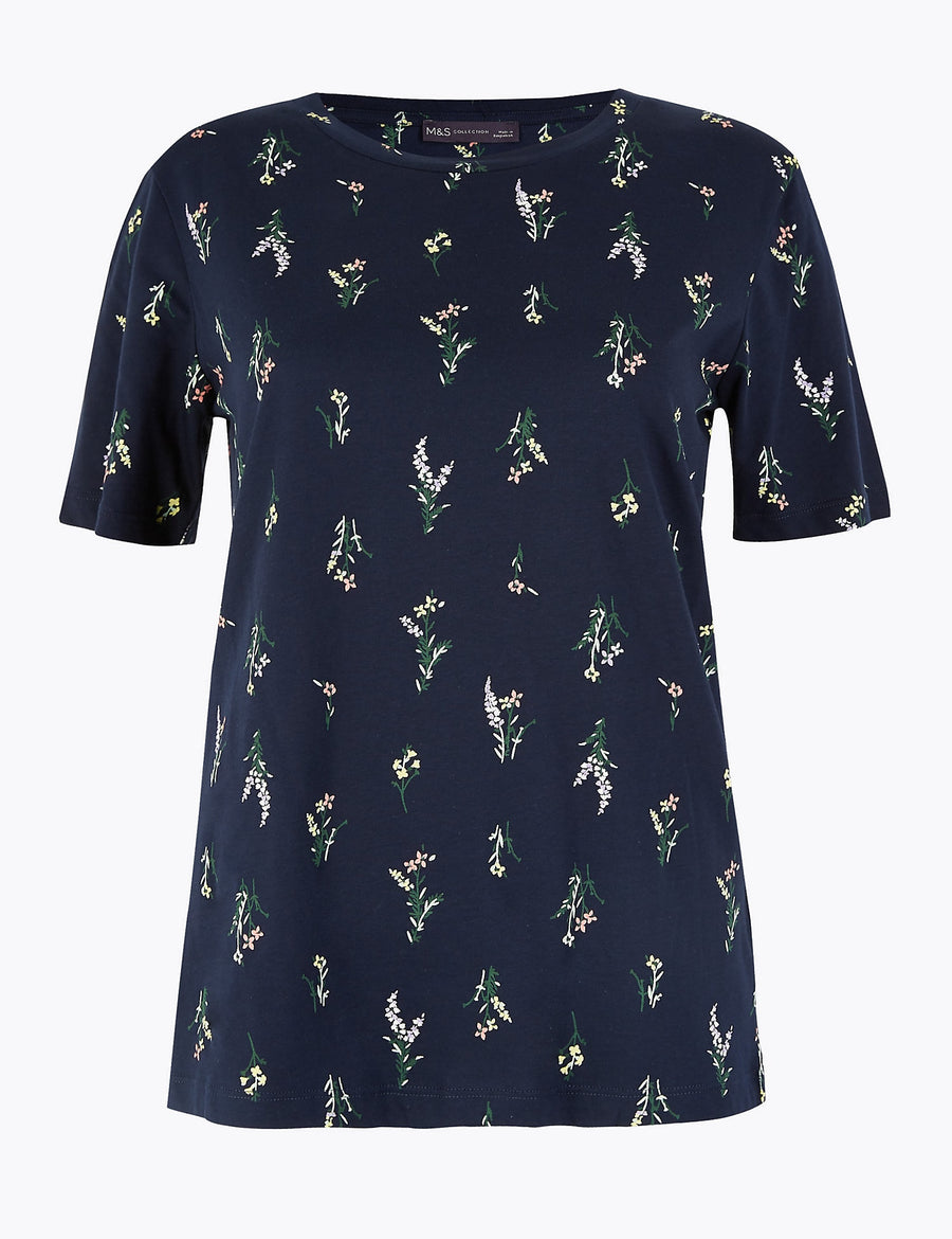 Pure Cotton Floral Straight Fit T-Shirt