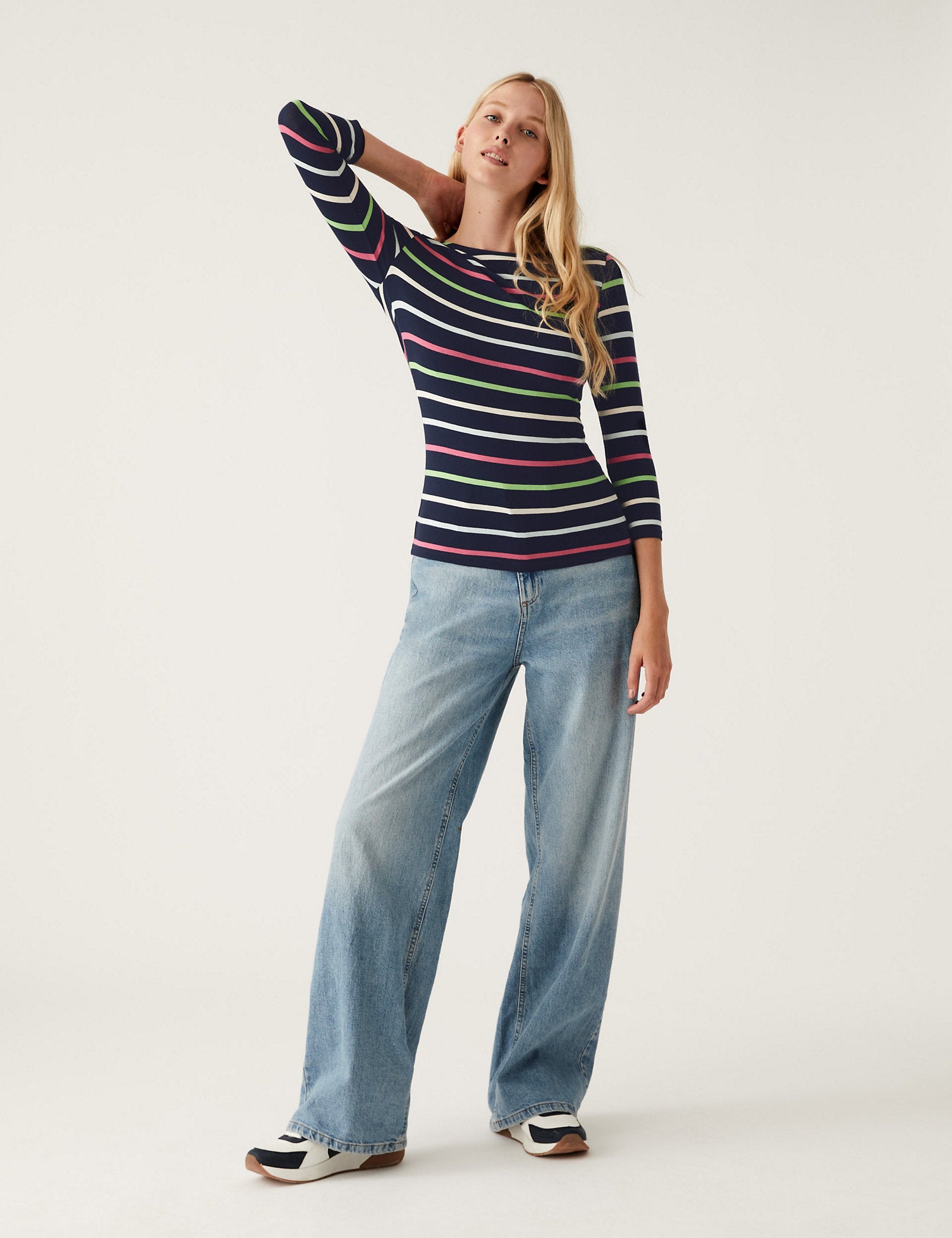 Cotton Rich Striped Fitted 3/4 Sleeve Top