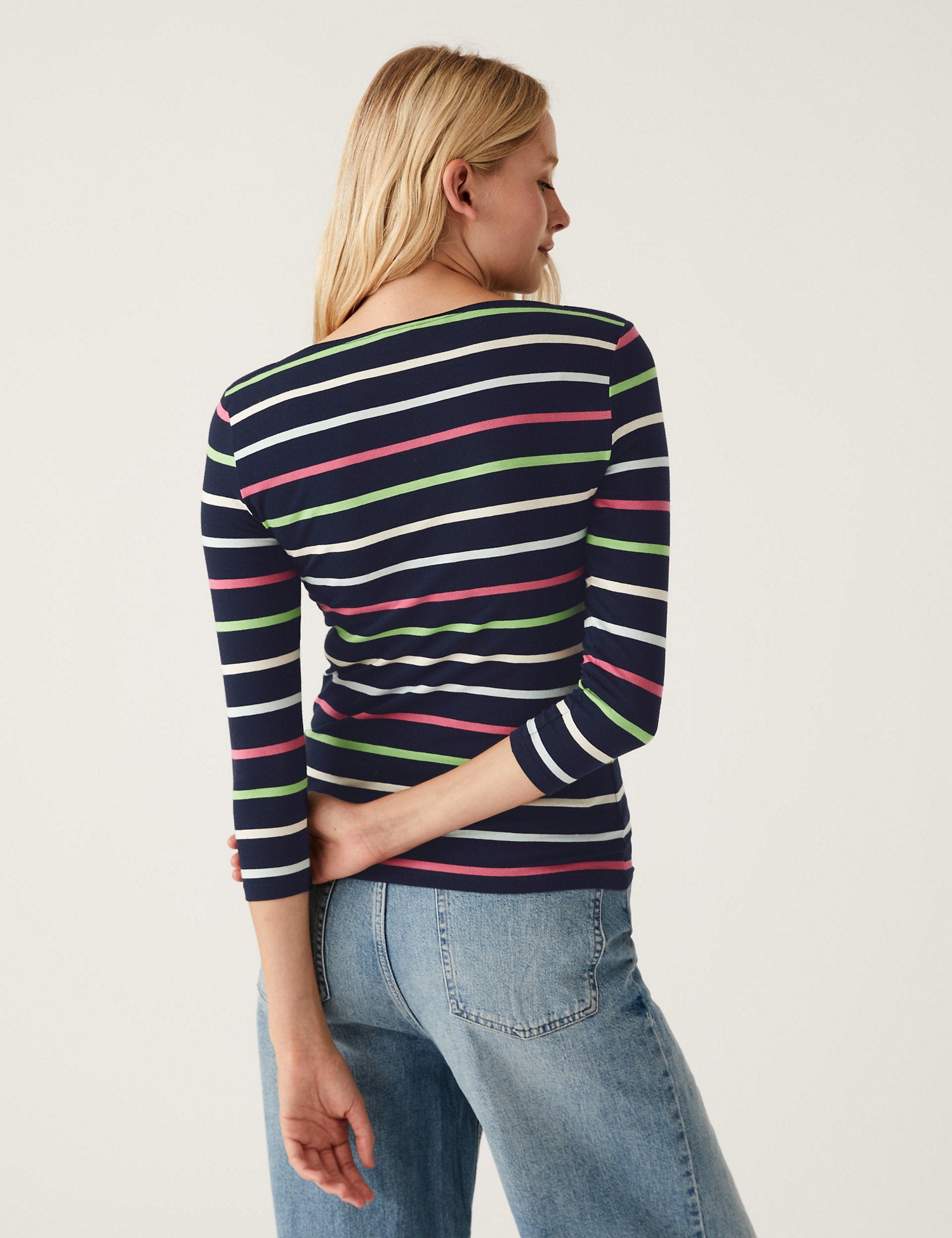 Cotton Rich Striped Fitted 3/4 Sleeve Top