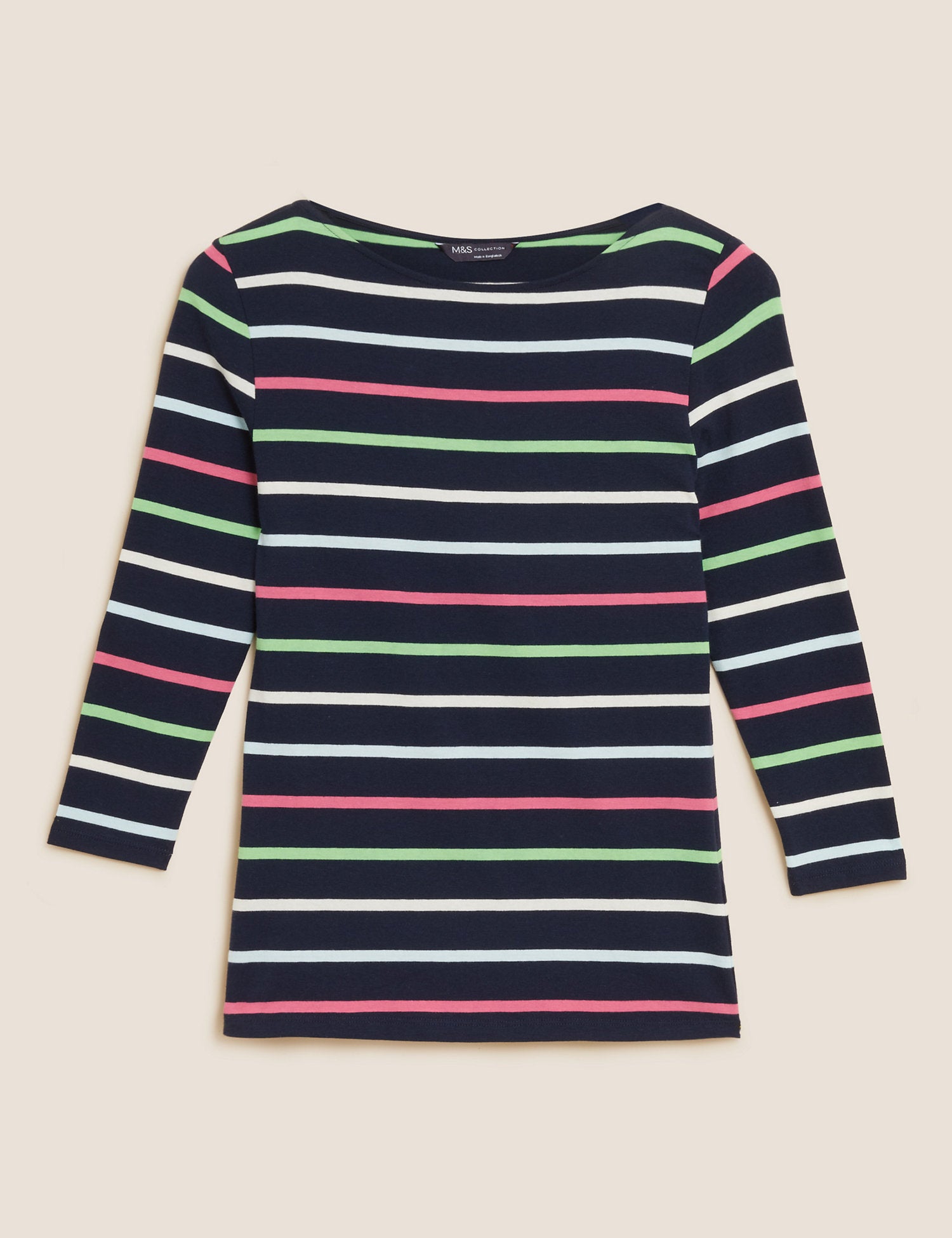 Cotton Rich Striped Fitted 3/4 Sleeve Top