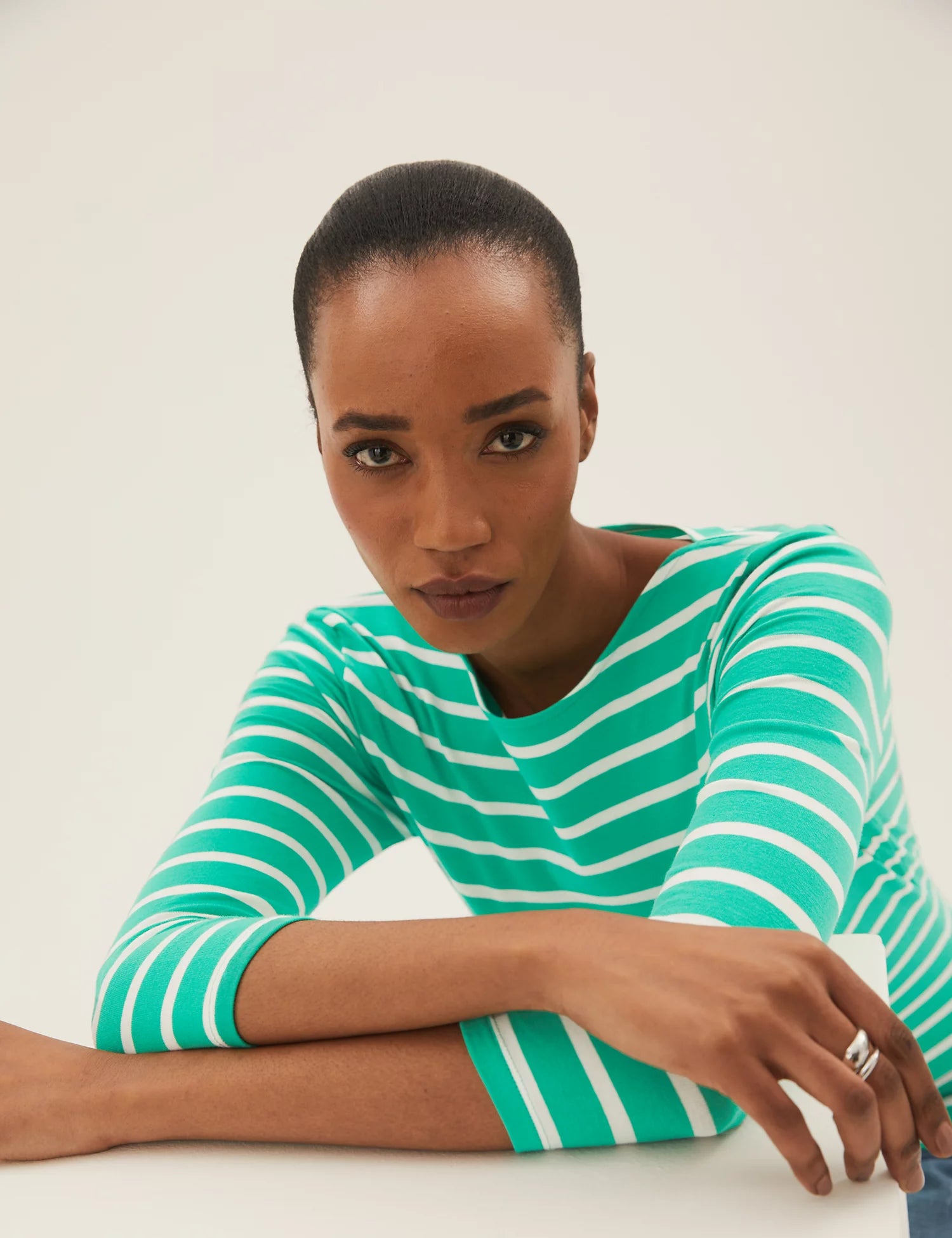 Cotton Rich Striped Fitted 3/4 Sleeve Top