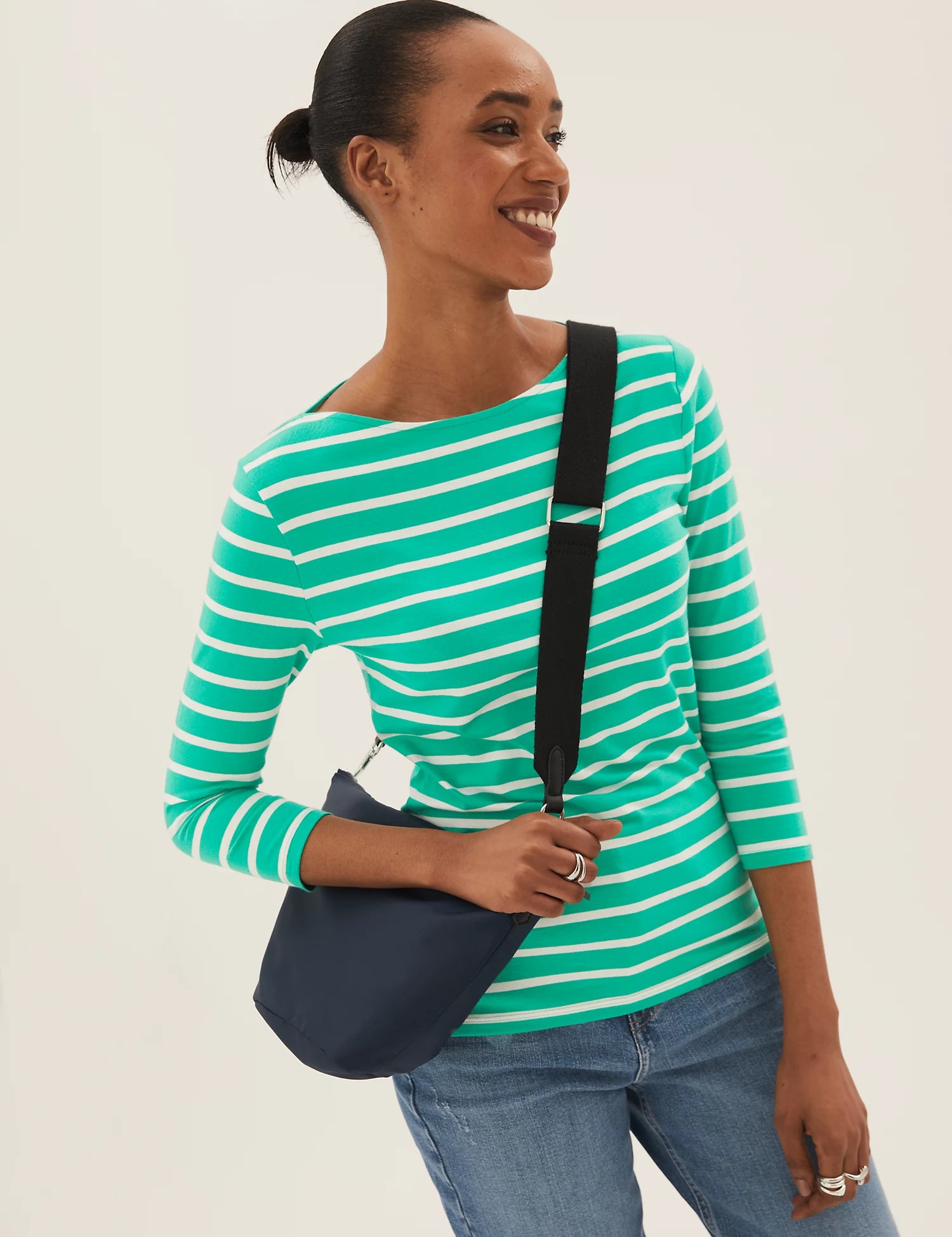 Cotton Rich Striped Fitted 3/4 Sleeve Top