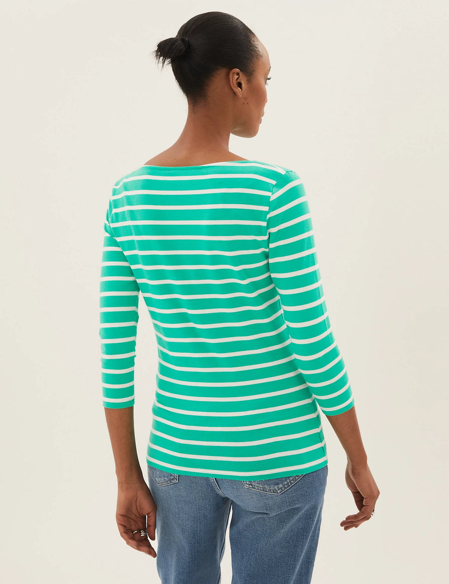 Cotton Rich Striped Fitted 3/4 Sleeve Top