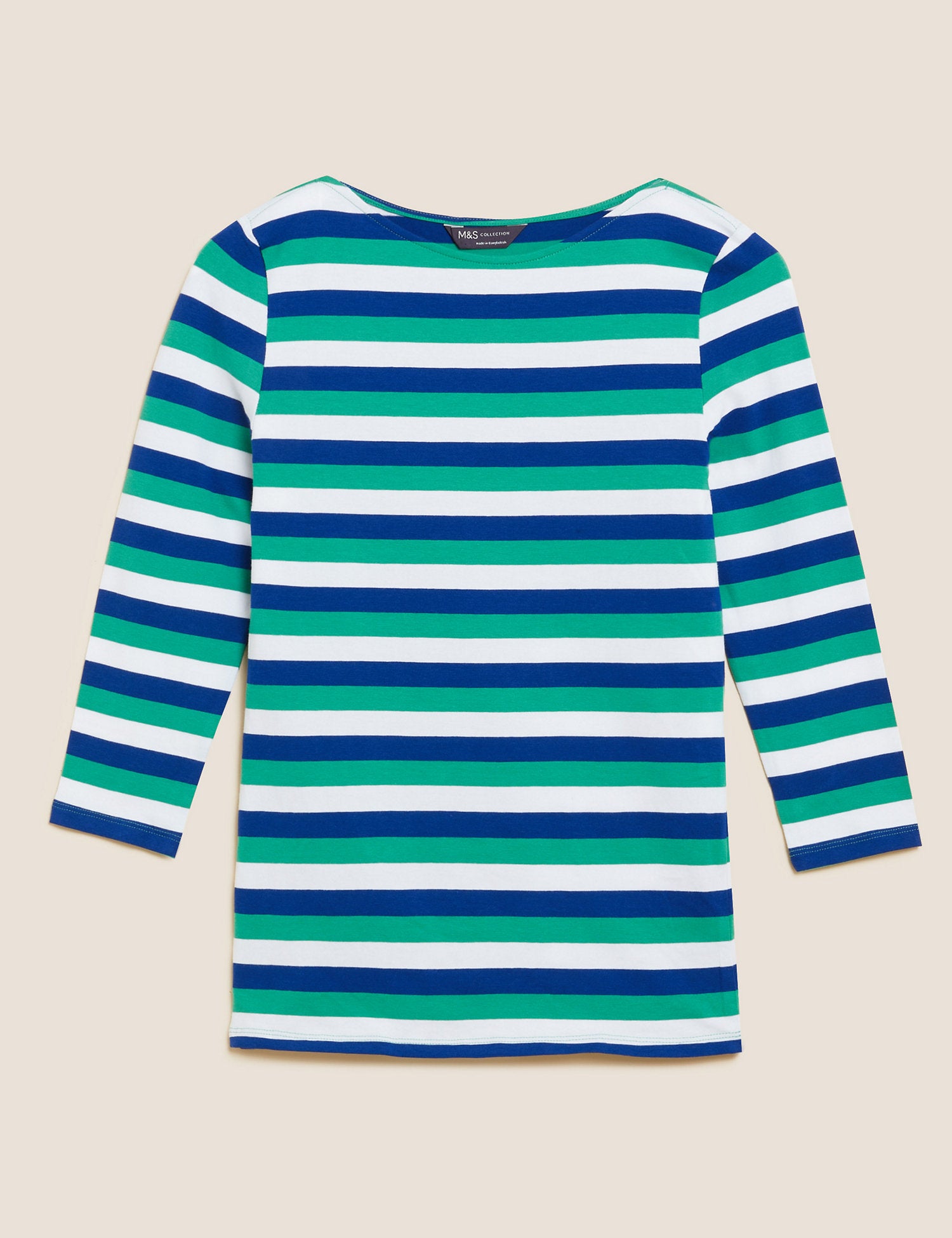 Cotton Rich Striped Fitted 3/4 Sleeve Top