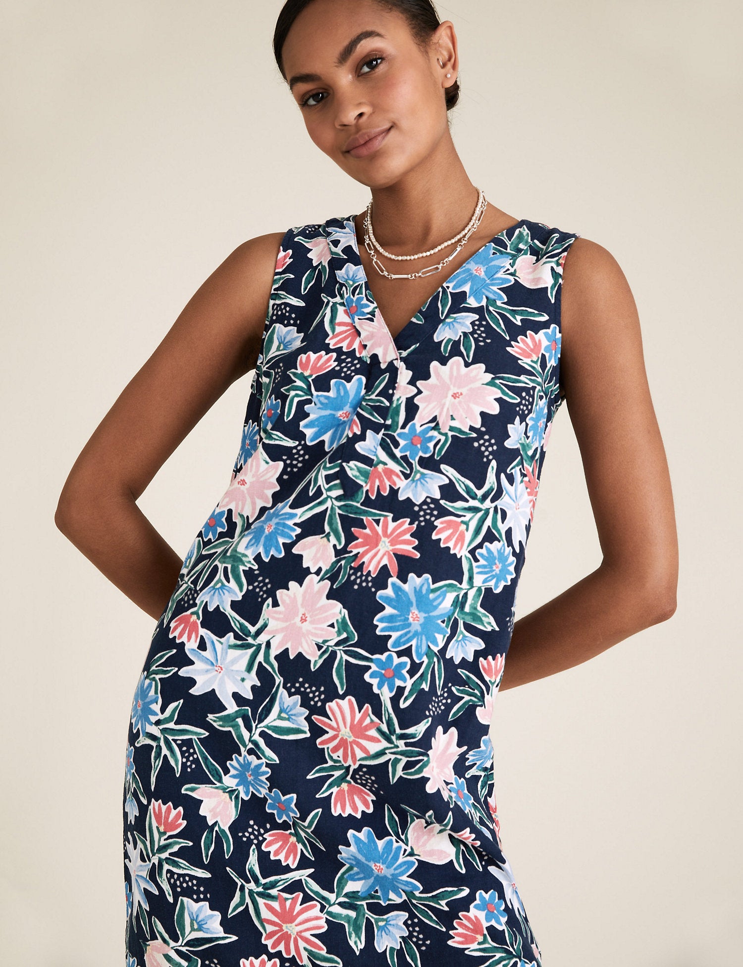 Linen Floral V-Neck Knee Length Shift Dress