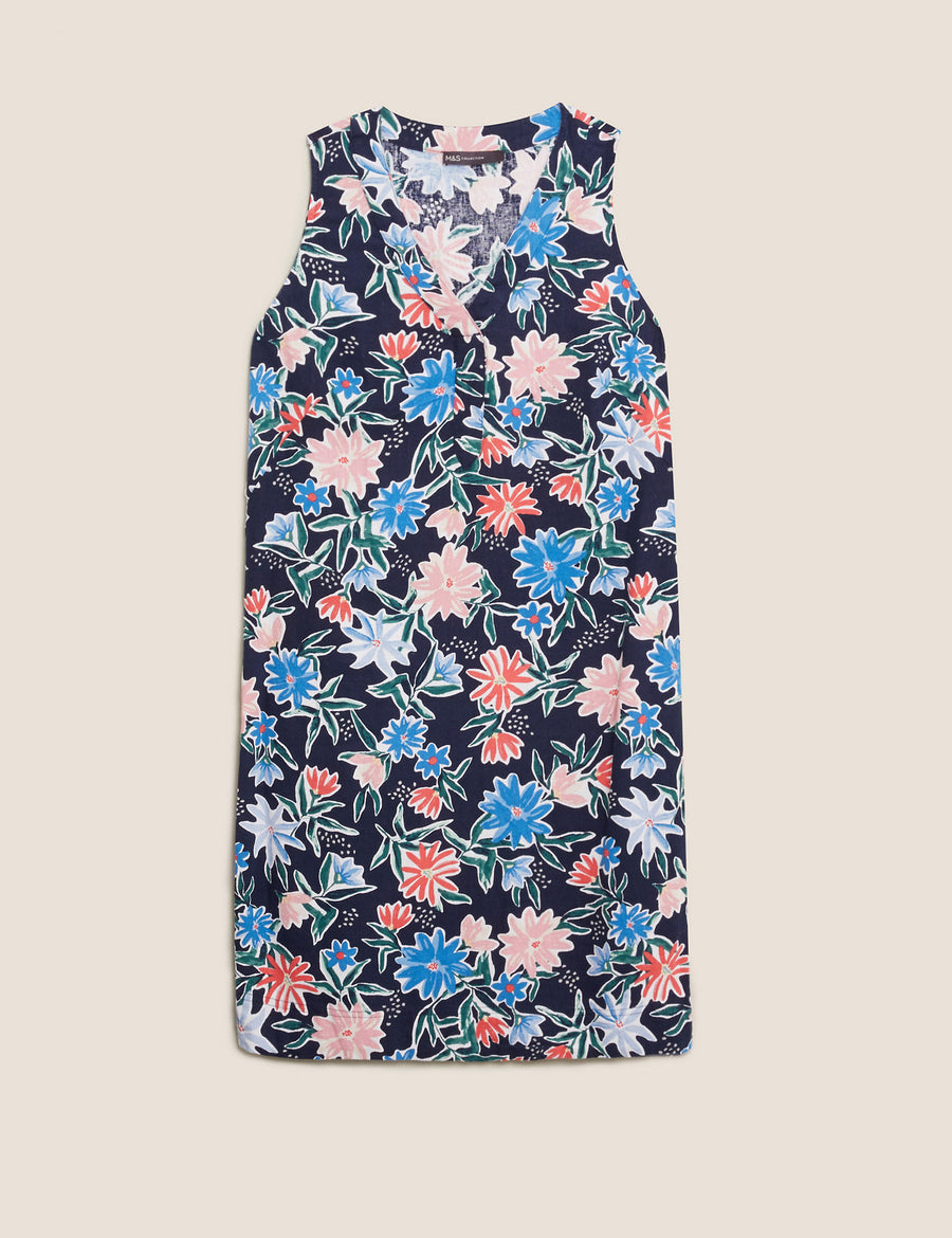 Linen Floral V-Neck Knee Length Shift Dress