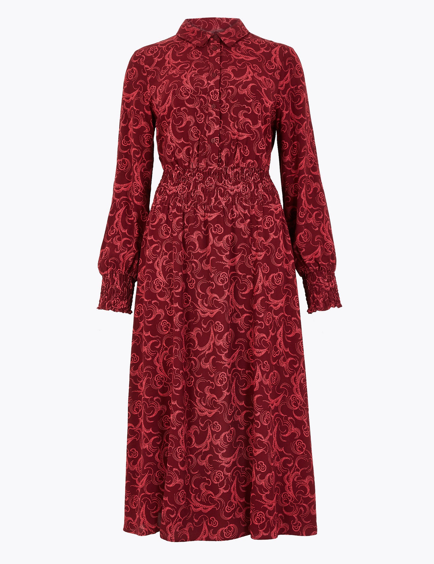 Swirl Print Waisted Midi Shirt Dress