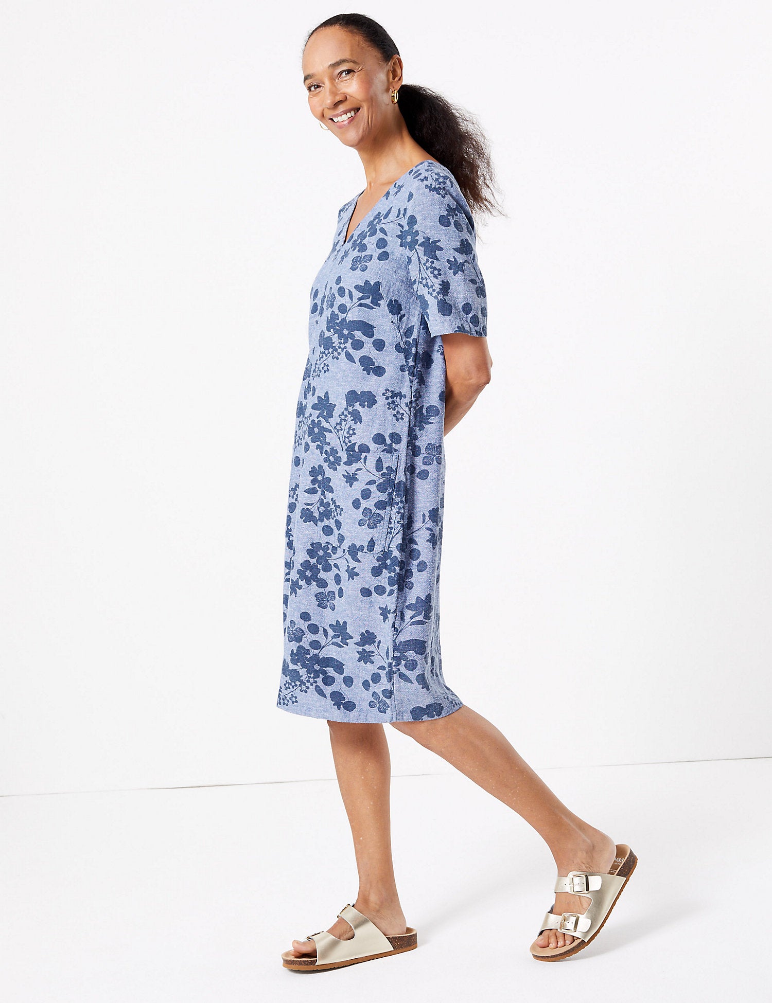 Linen Blend Floral Print Shift Dress