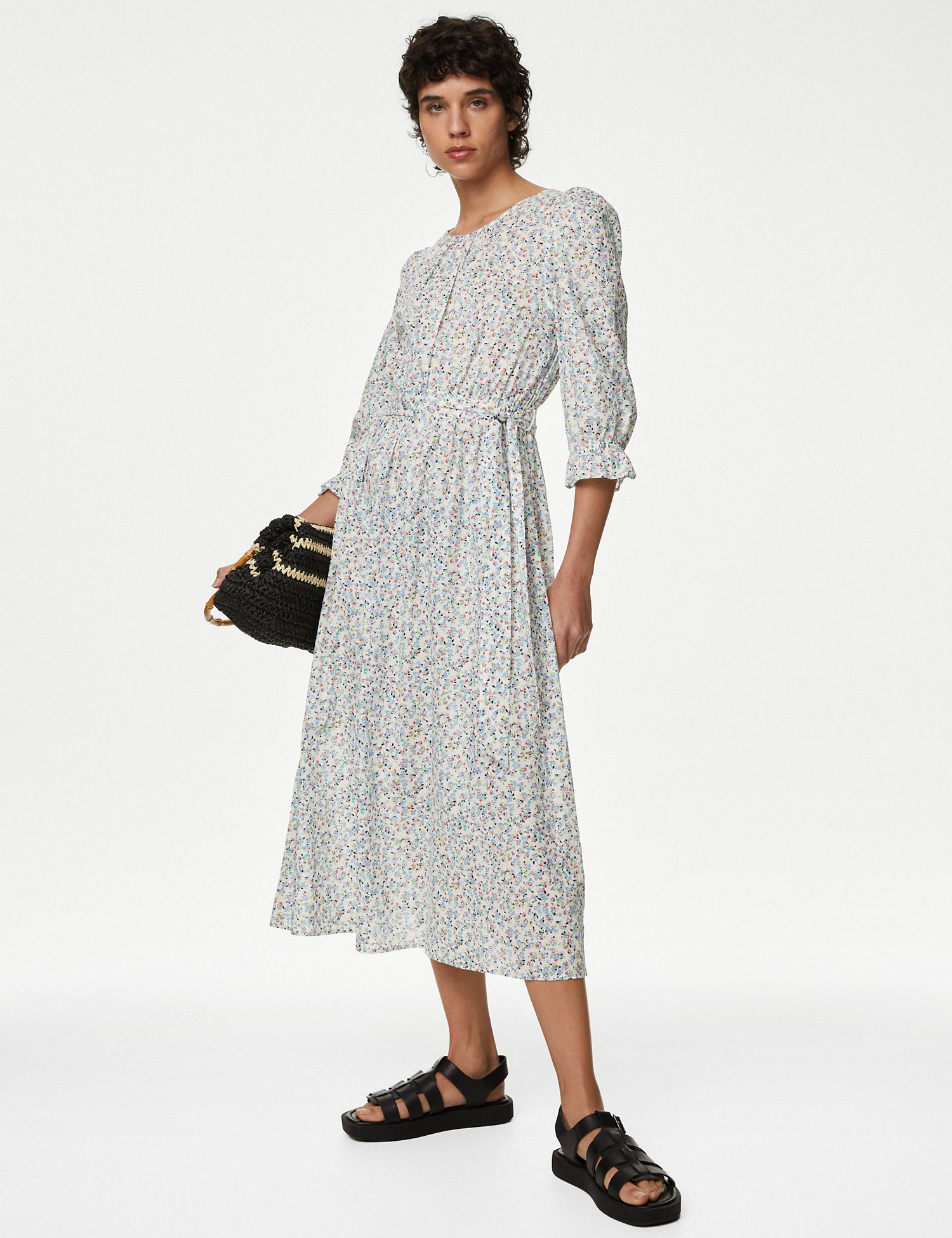 Pure Cotton Floral V-Neck Midi Waisted Dress