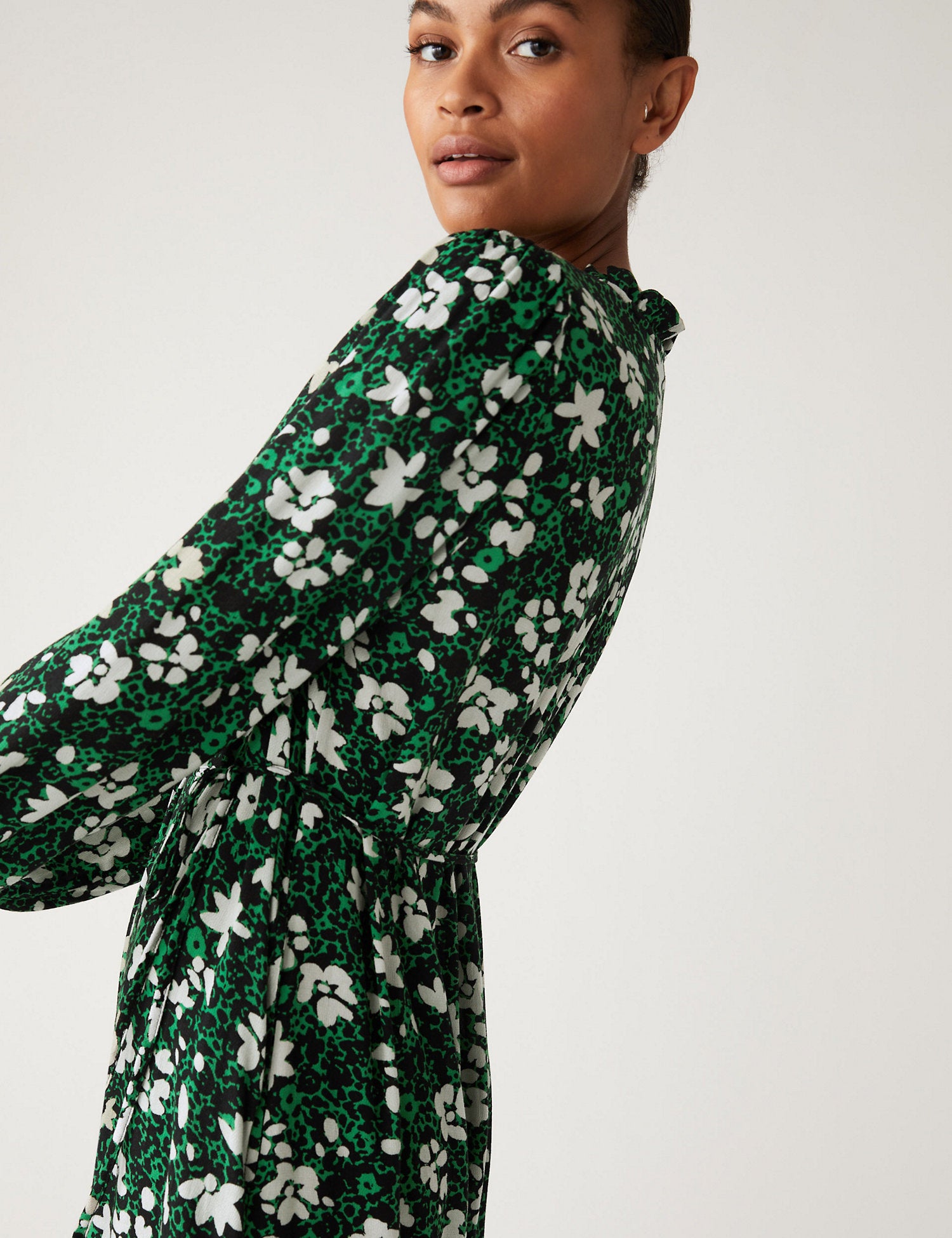 Floral Tie Neck Belted Midi Tiered Dress