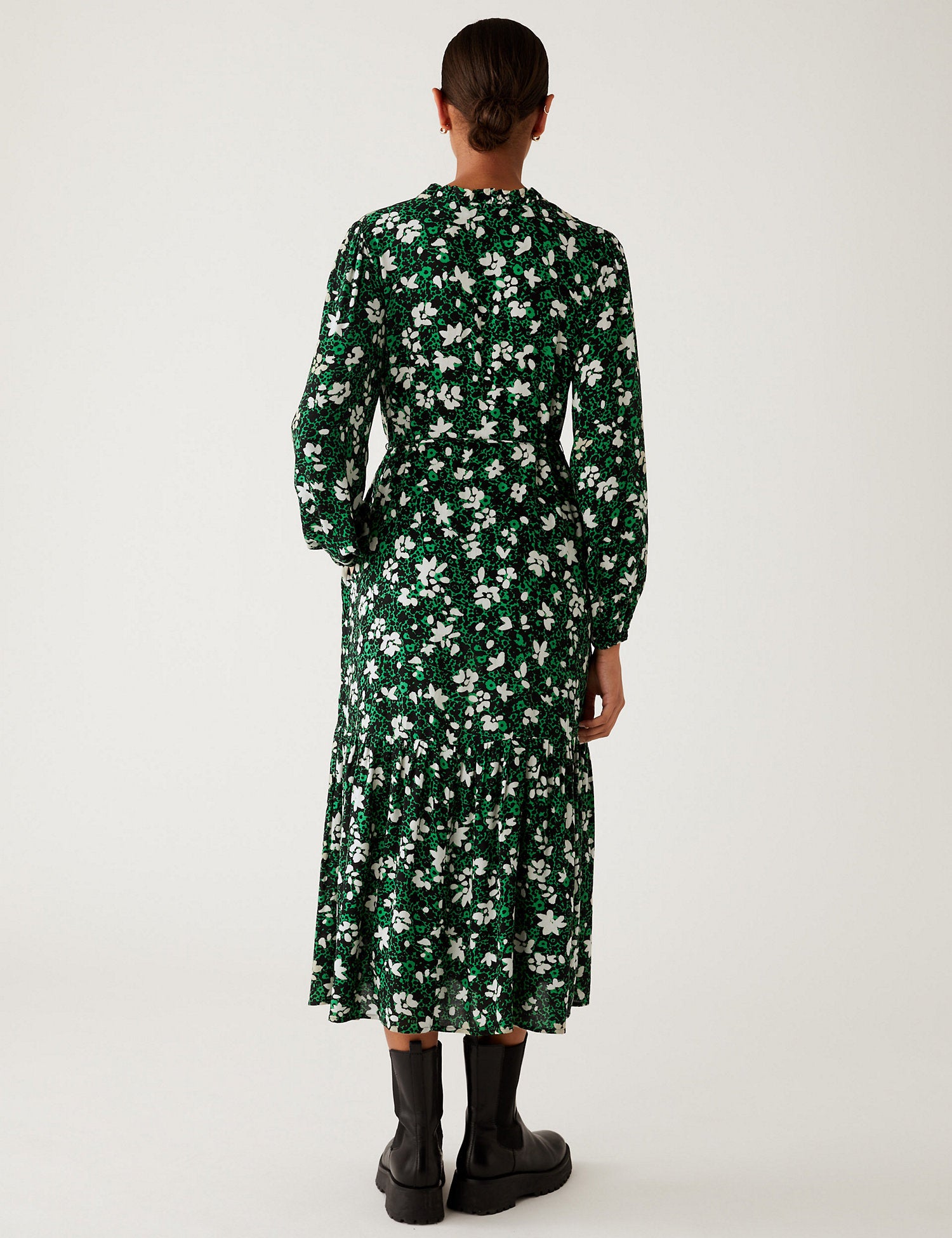 Floral Tie Neck Belted Midi Tiered Dress