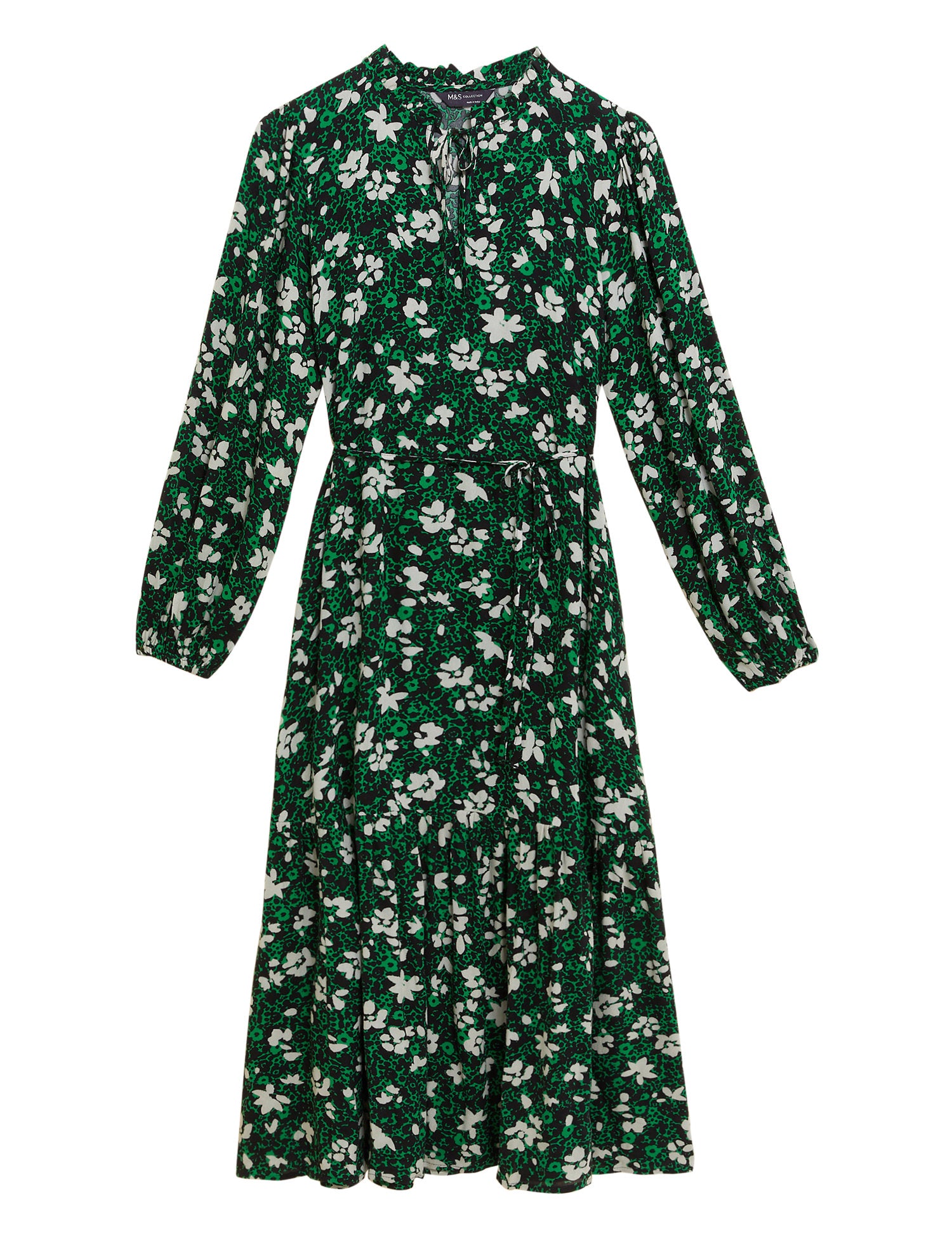 Floral Tie Neck Belted Midi Tiered Dress