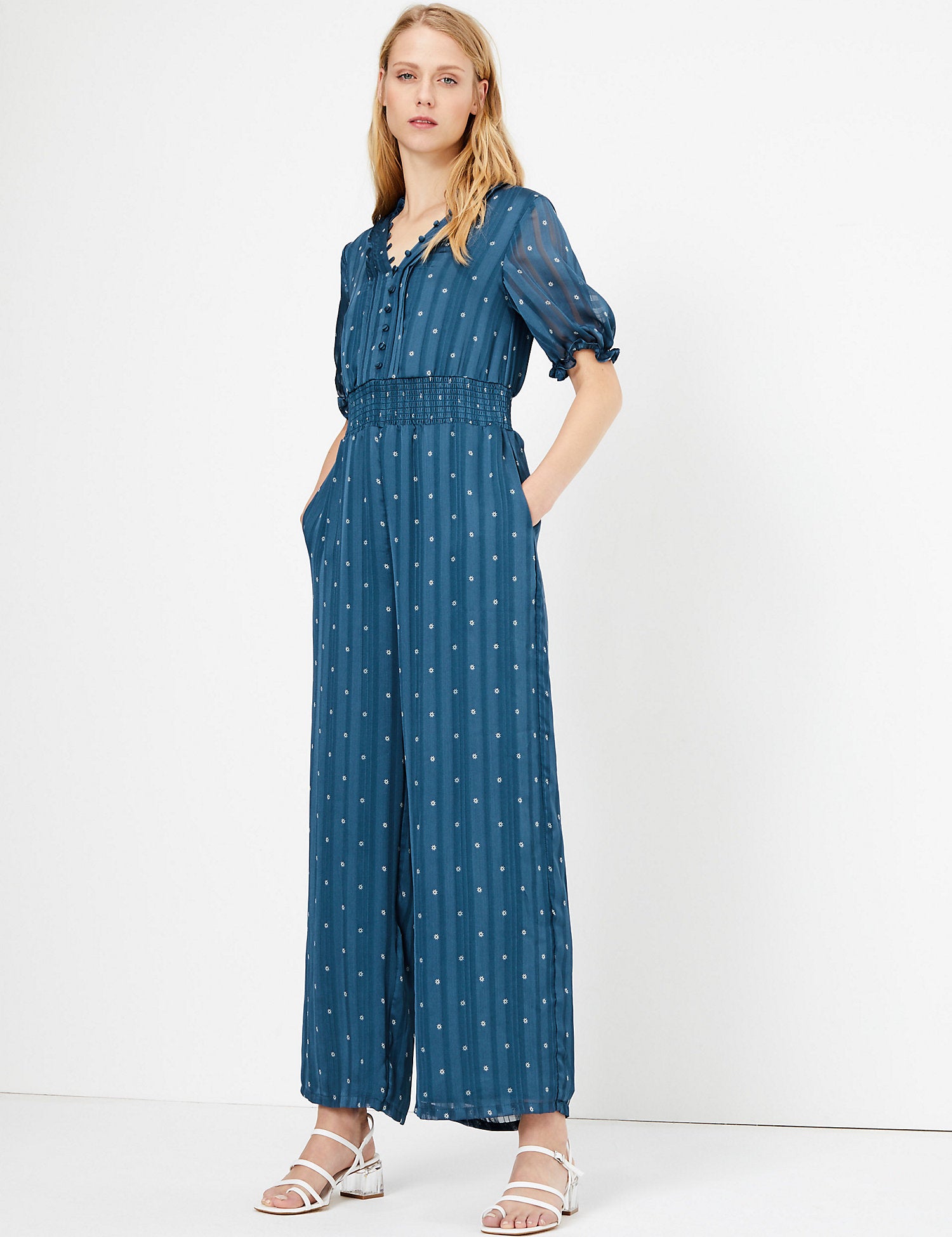 Floral Shirred Waist Jumpsuit