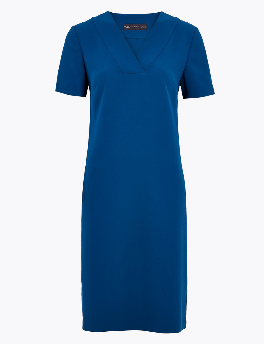 Crepe V-Neck Knee Length Shift Dress