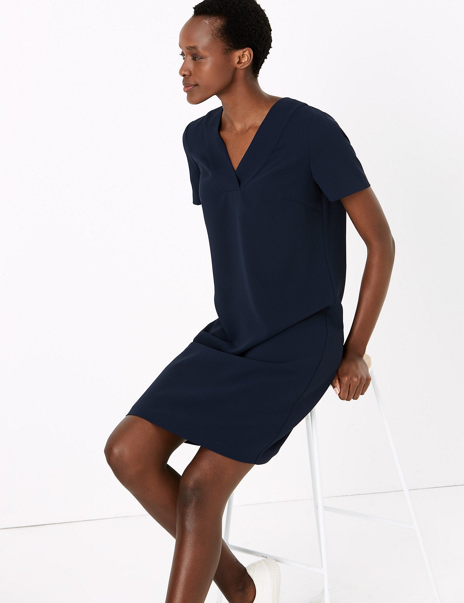 Crepe V-Neck Knee Length Shift Dress
