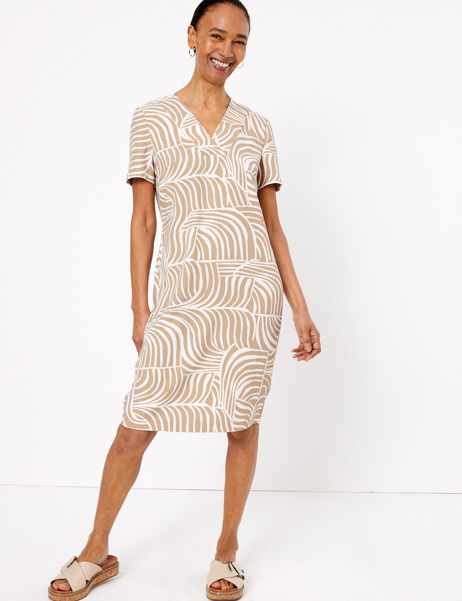 Crepe Printed V-Neck Shift Dress