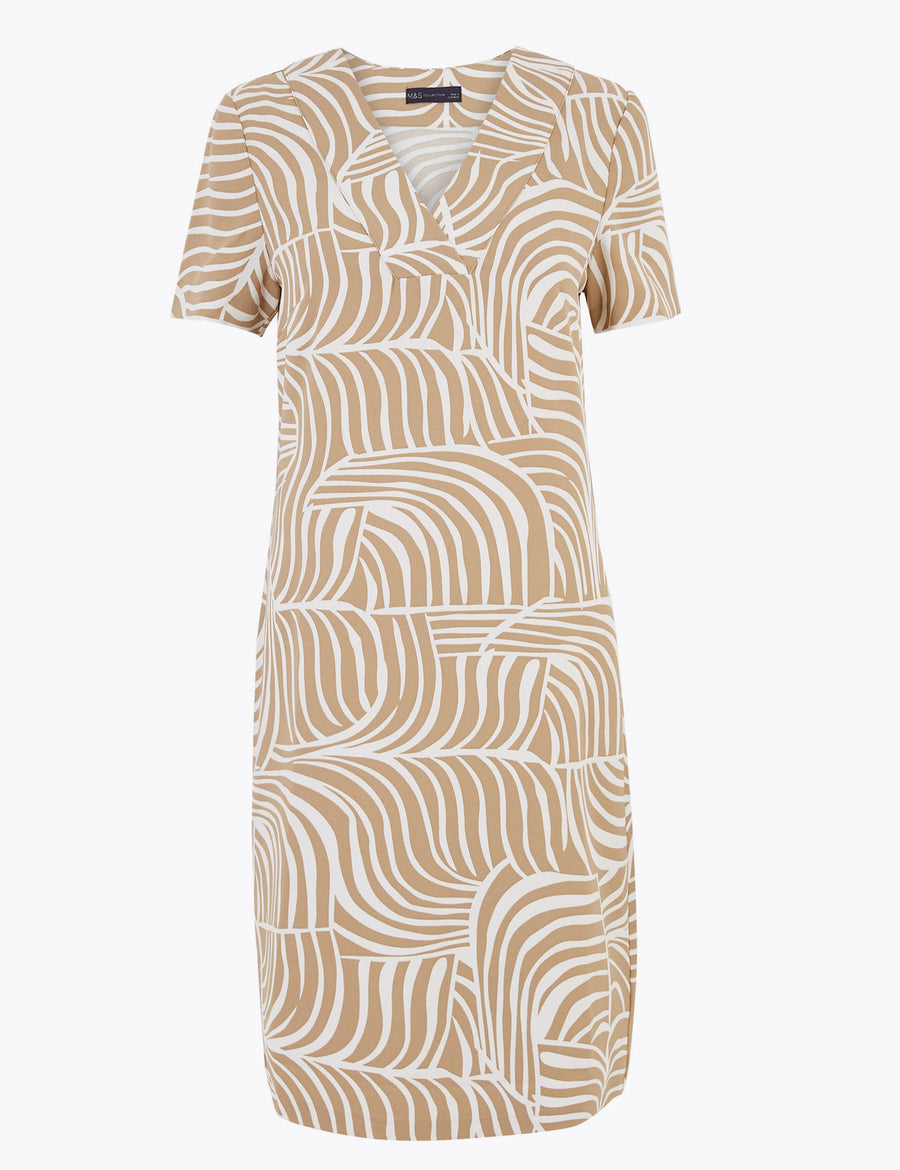 Crepe Printed V-Neck Shift Dress