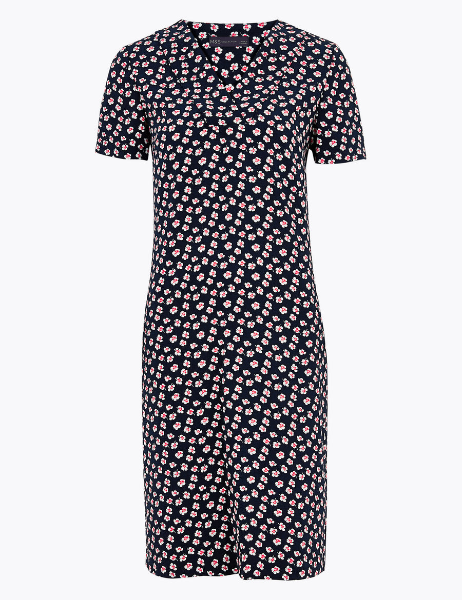 Crepe Floral V-Neck Knee Length Shift Dress
