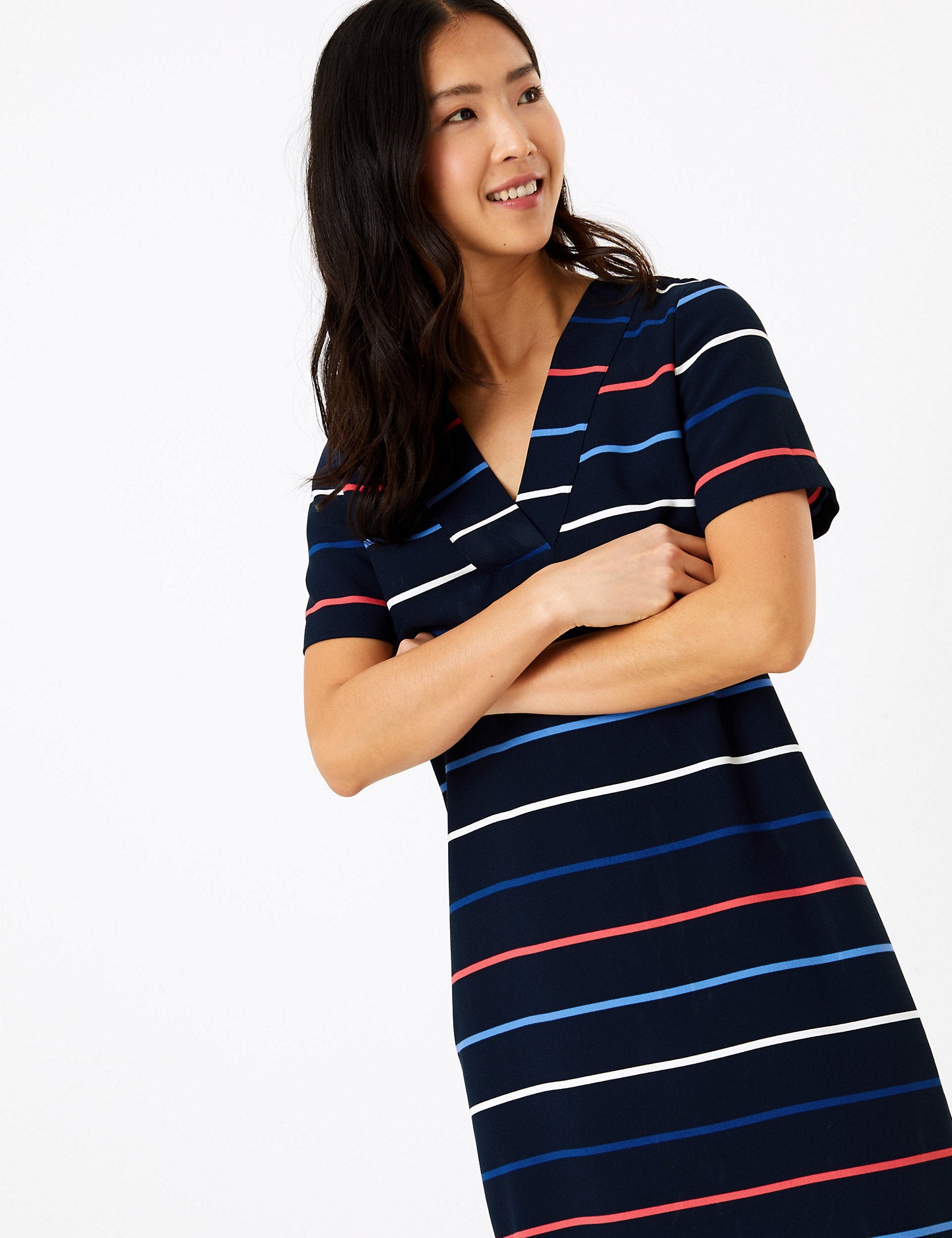 Crepe Striped V-Neck Shift Dress