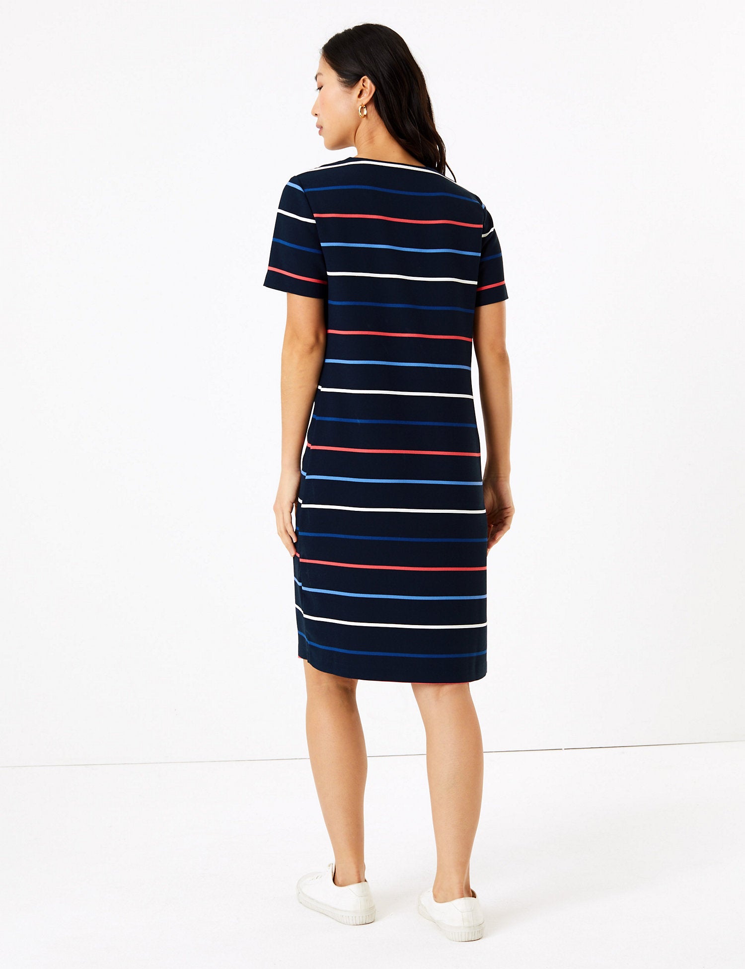 Crepe Striped V-Neck Shift Dress