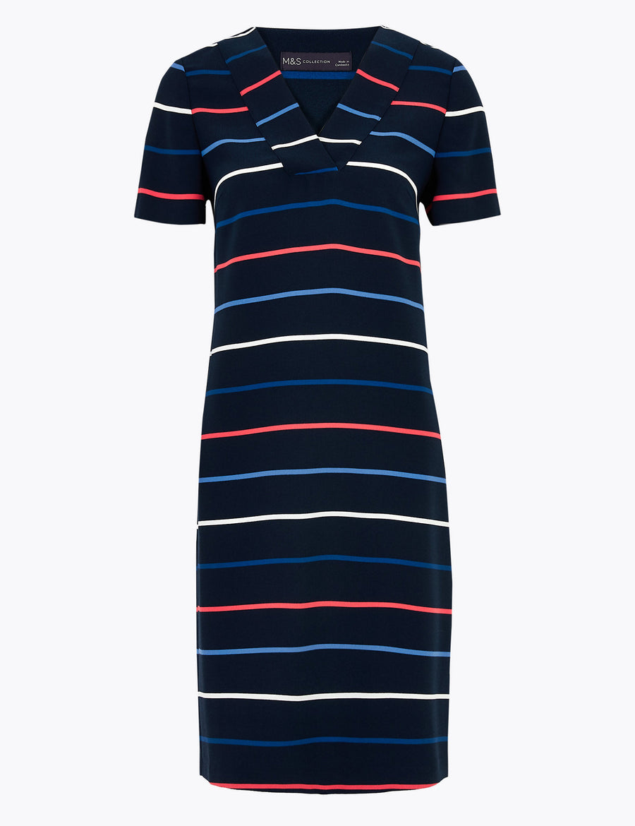 Crepe Striped V-Neck Shift Dress