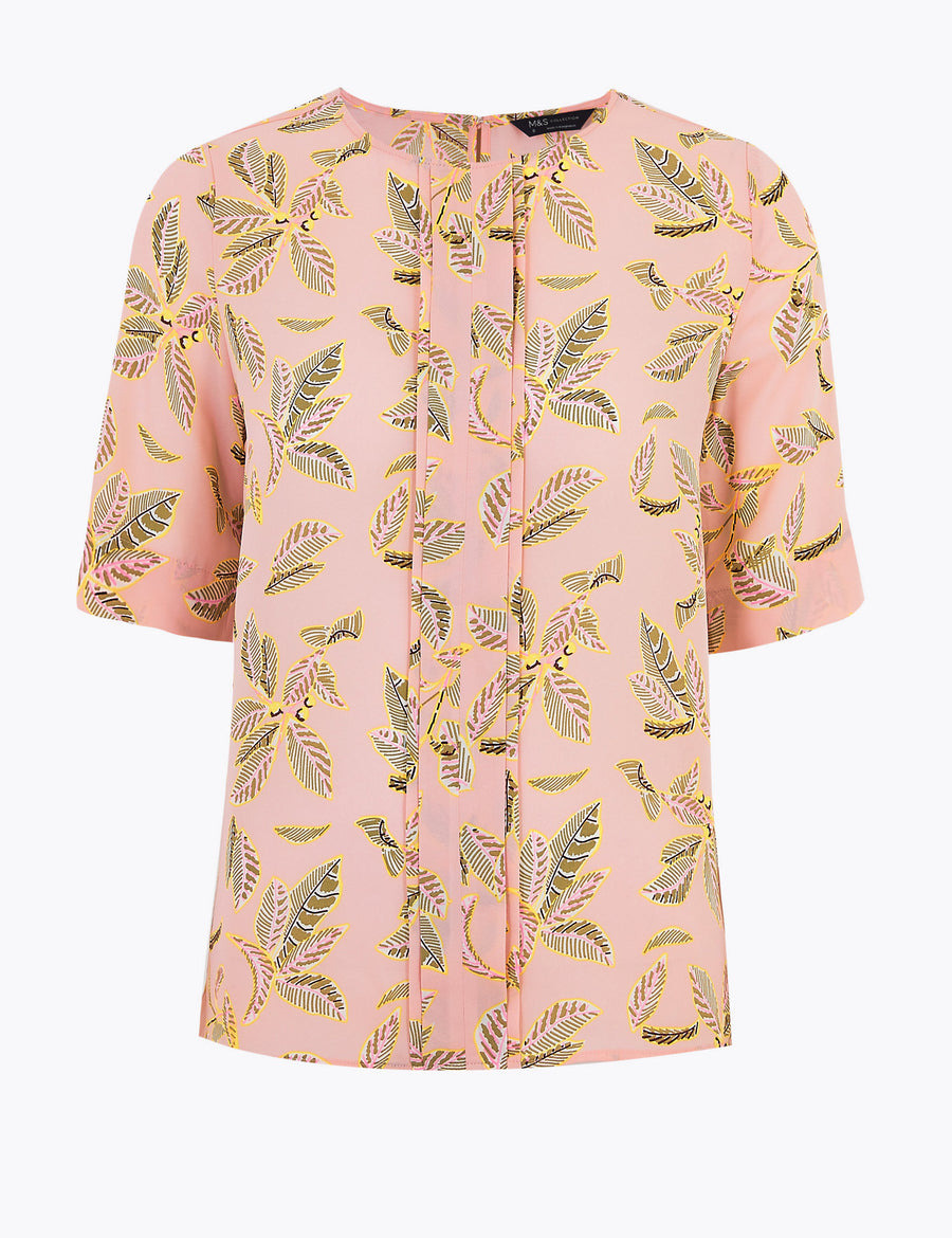 Leaf Print Short Sleeve Blouse