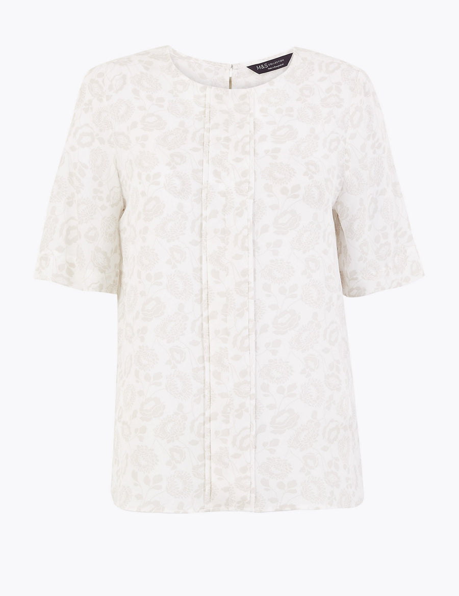 Floral Pleat Front Short Sleeve Blouse